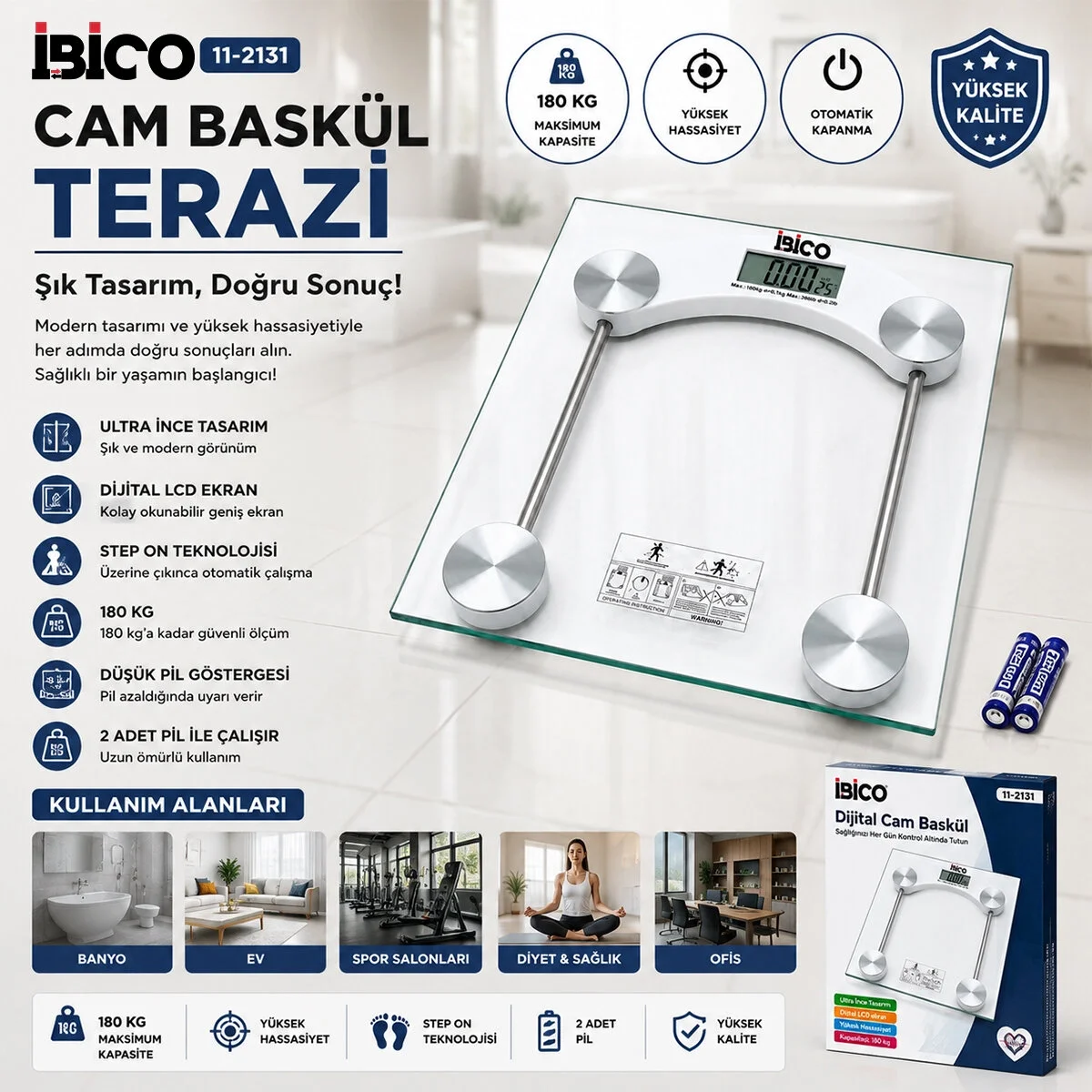 Dijital - Pilli Kare Banyo Baskül Terazi Tartı Lcd Ekran 180kg/0.1g 30x30cm İ11-025 Bx40 Fiyatı, Yorumları ve Özellikleri