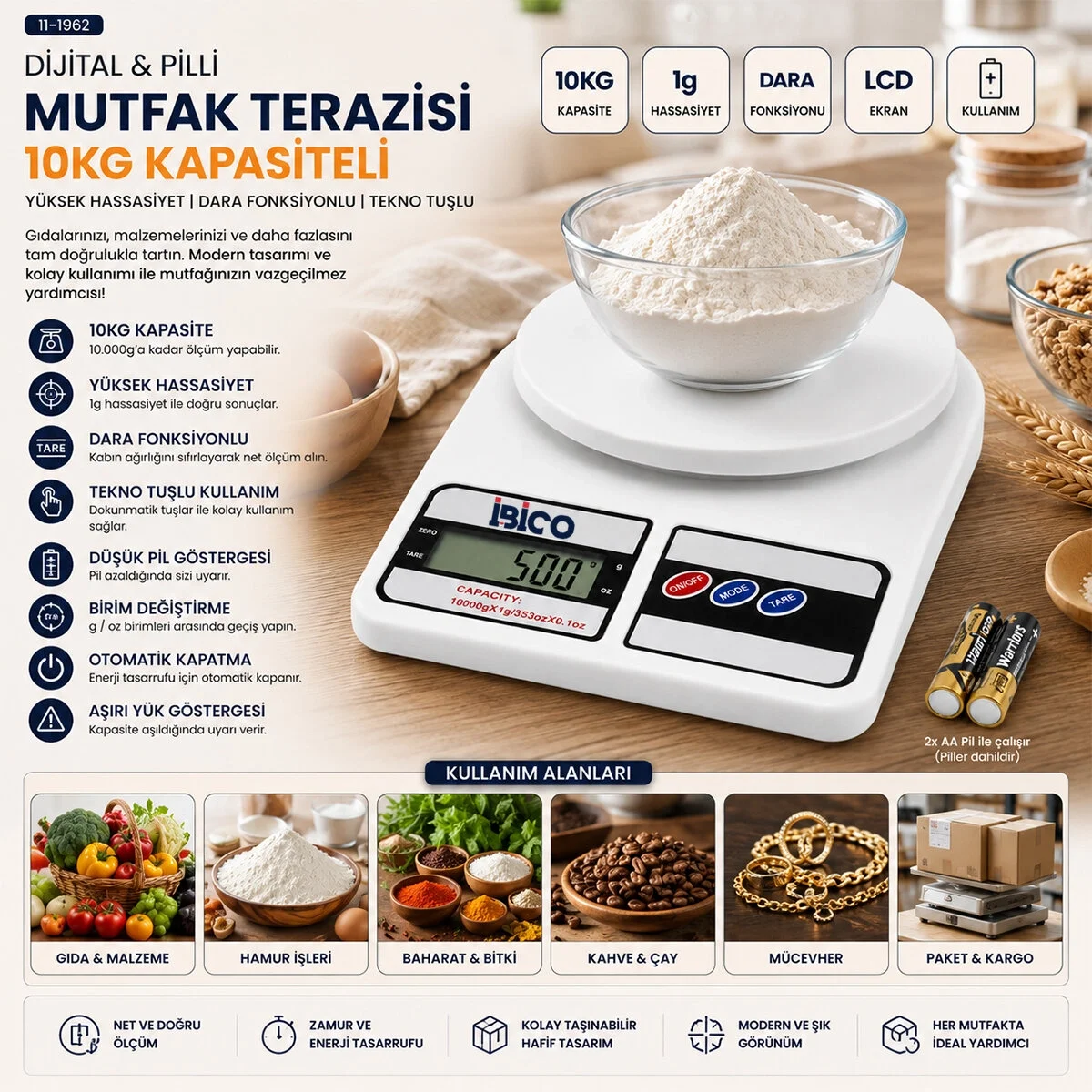 Dijital - Pilli Mutfak Terazisi Tartı 10kg / 1gr Bx40 Fiyatı, Yorumları ve Özellikleri