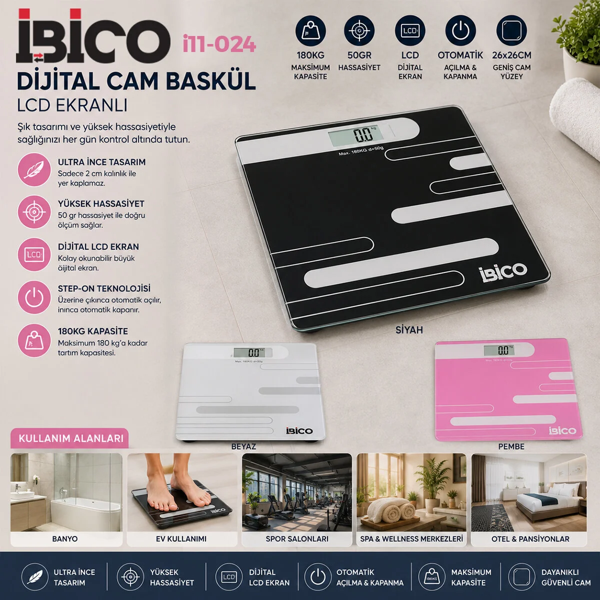 Dijital - Pilli Renkli Cam Banyo Baskül Terazi Tartı Lcd Ekran 180KG/50GR 26X26CM İ11-024 Fiyatı, Yorumları ve Özellikleri