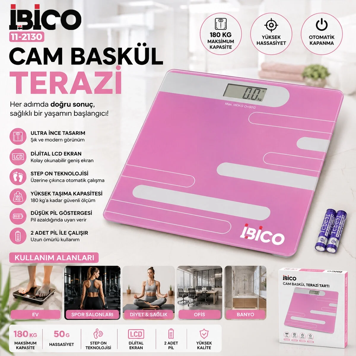 Dijital - Pilli Renkli Cam Banyo Baskül Terazi Tartı Lcd Ekran 180kg/50gr 26x26cm İ11-024 Bx40 Fiyatı, Yorumları ve Özellikleri