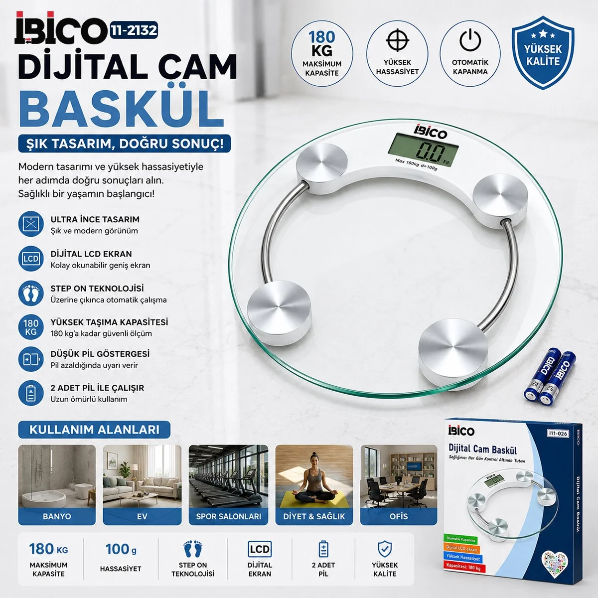 Dijital - Pilli Yuvarlak Banyo Baskül Terazi Tartı Lcd Ekran 180kg/0.1g 30x30cm İ11-026 Bx40 Fiyatı, Yorumları ve Özellikleri