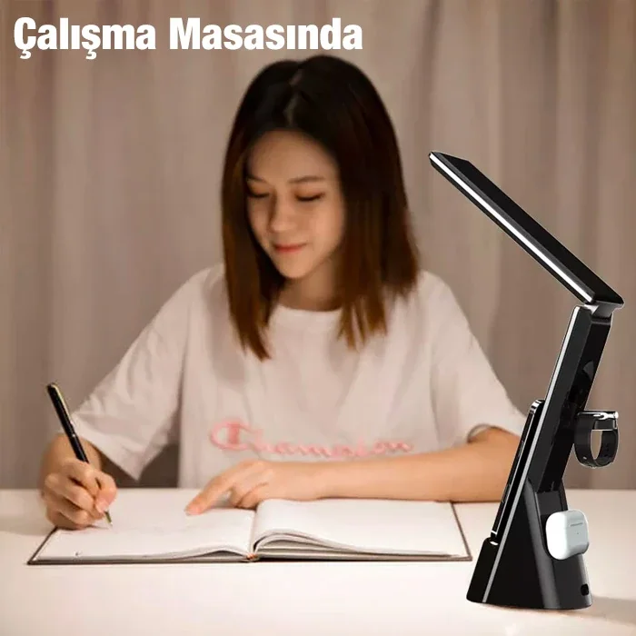 Dijital Saatli 15W Kablosuz Şarjlı LED Işıklı Katlanabilir Masa Lambası - Hızlı Şarj ve Çoklu Cihaz Desteği