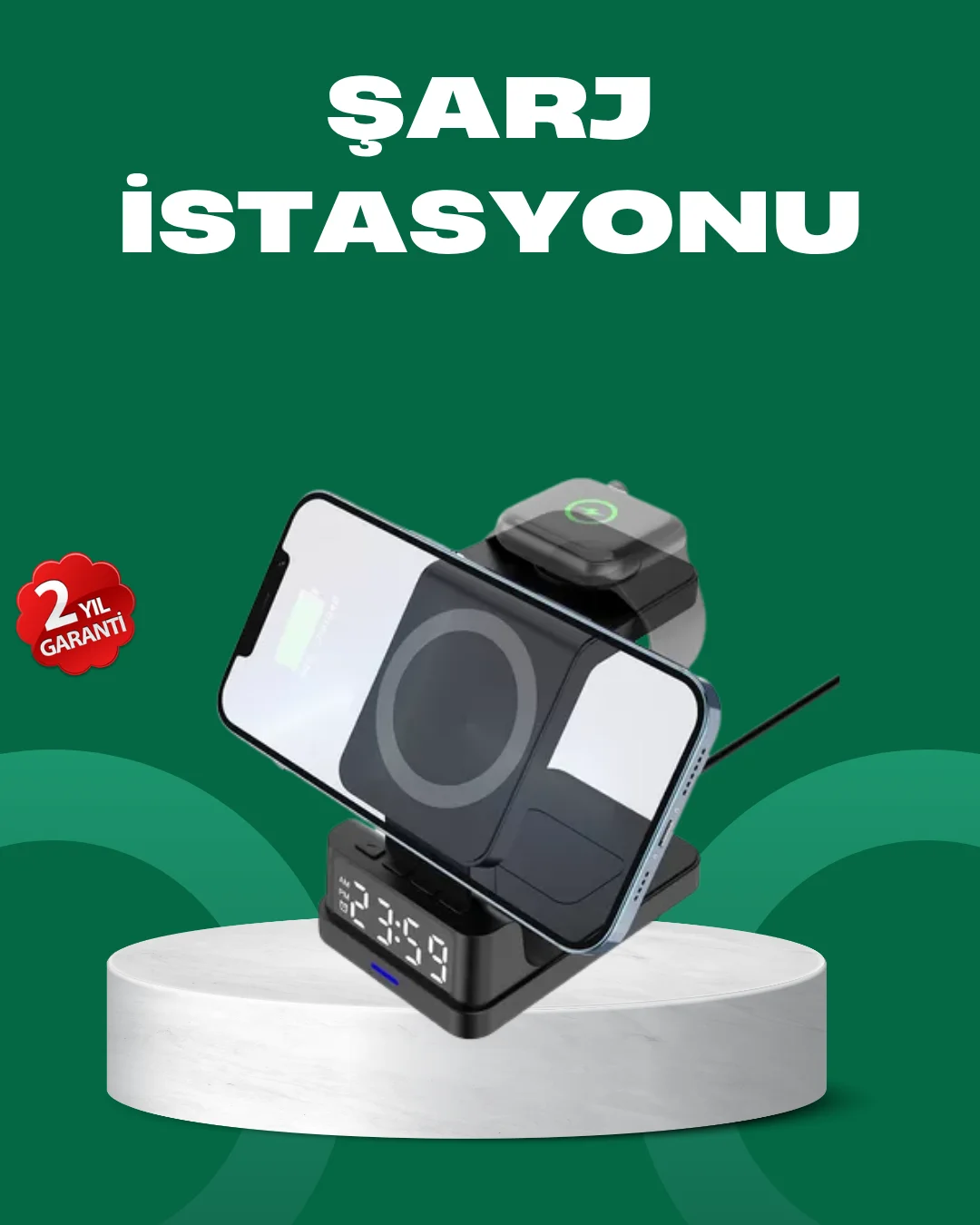 Dijital Saatli Kablosuz Şarj İstasyonu – 3’ü 1 Arada Apple Uyumlu