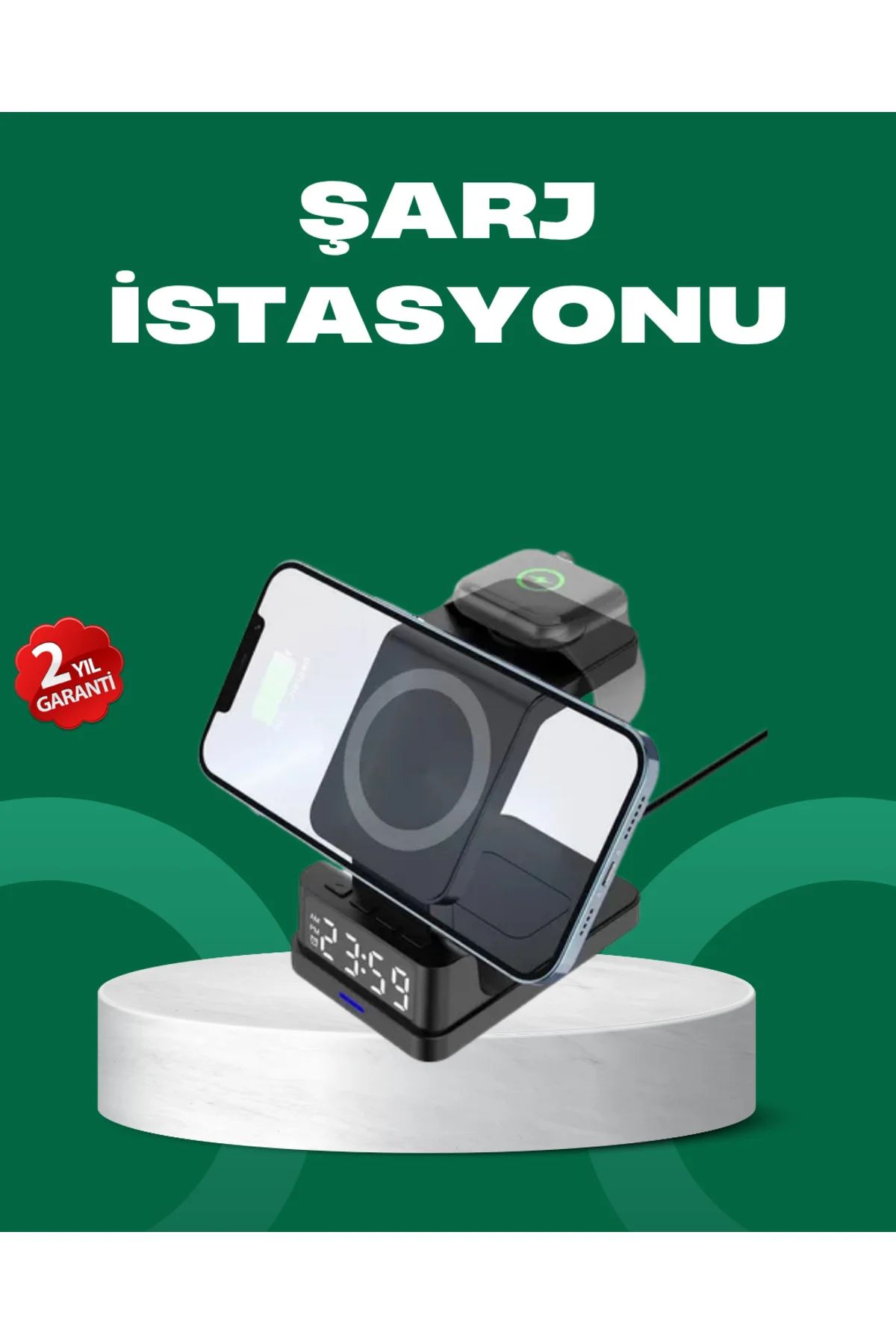 Dijital Saatli Kablosuz Şarj İstasyonu – 3’ü 1 Arada Apple Uyumlu