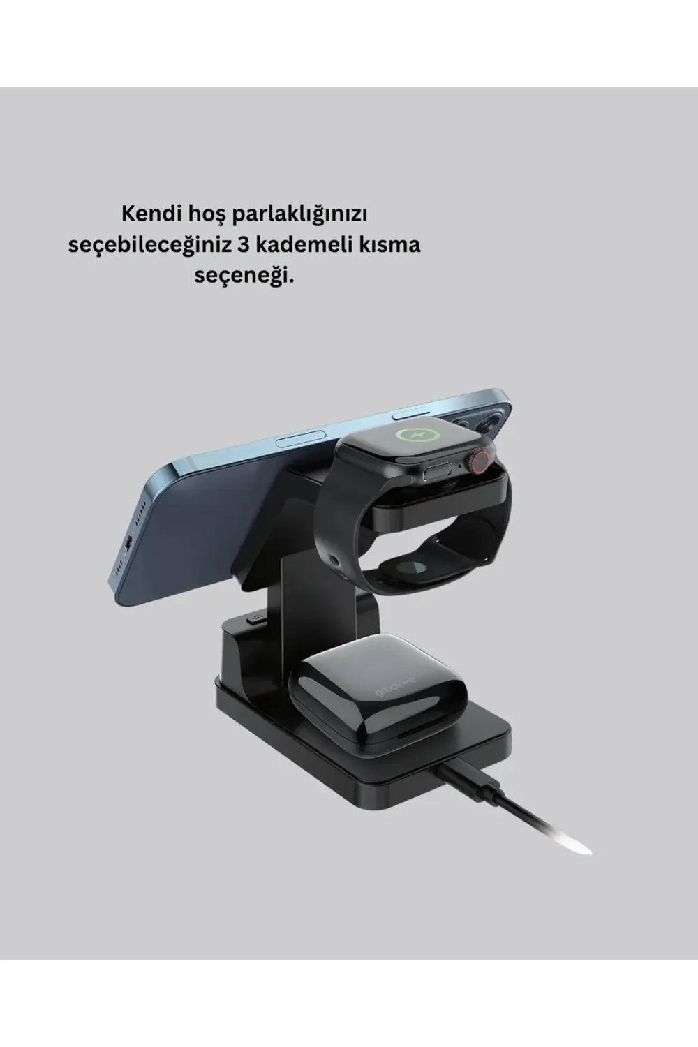 Dijital Saatli Kablosuz Şarj İstasyonu – 3’ü 1 Arada Apple Uyumlu