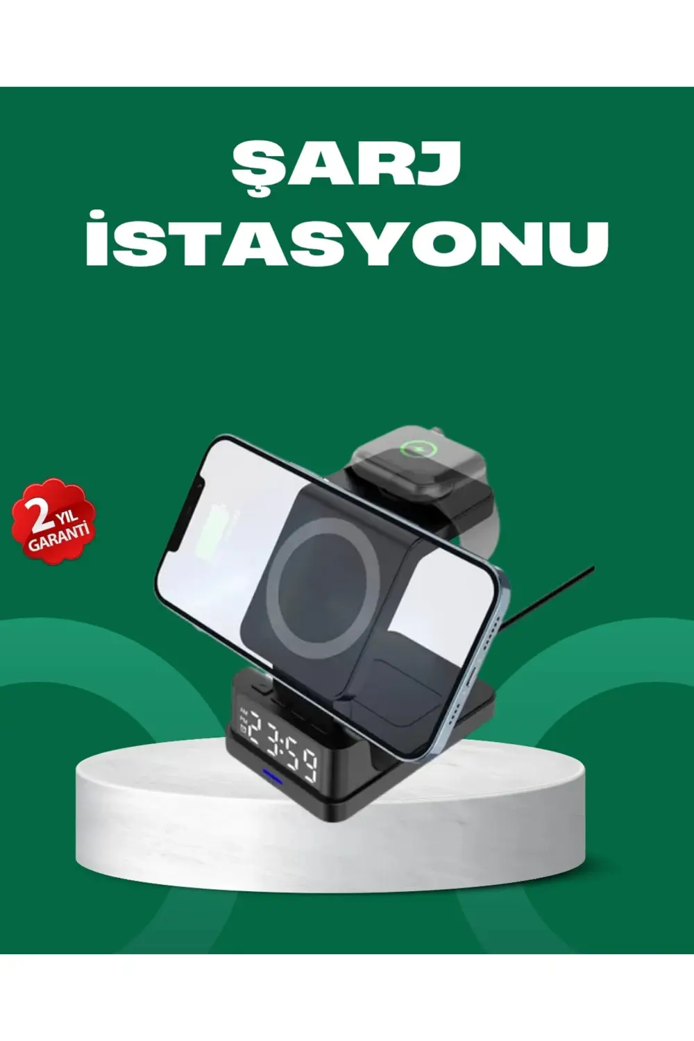 Dijital Saatli Kablosuz Şarj İstasyonu – 3’ü 1 Arada Apple Uyumlu