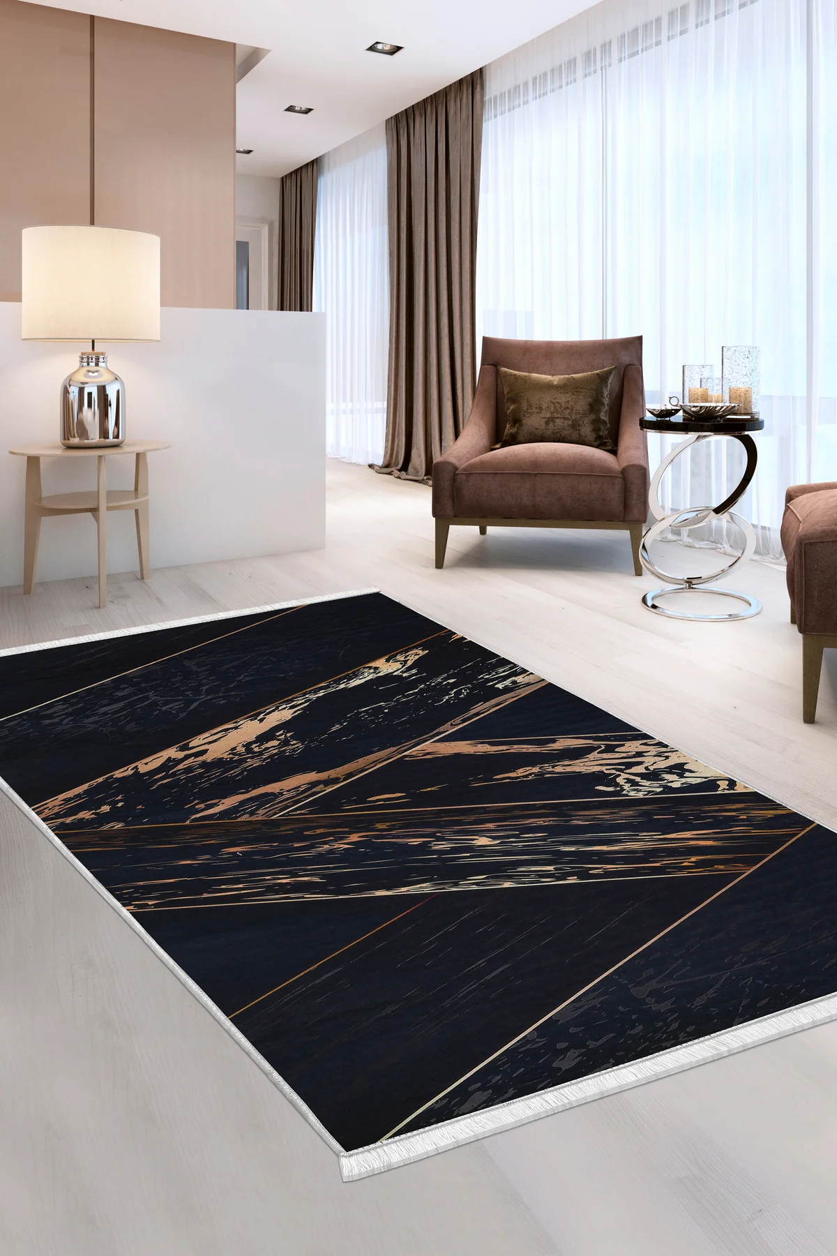 DİJİTAL Saçaklı HALI MODERN TASARIMLI SİYAH RENKLİ Silinebilir 200x300 (6 metrekare)