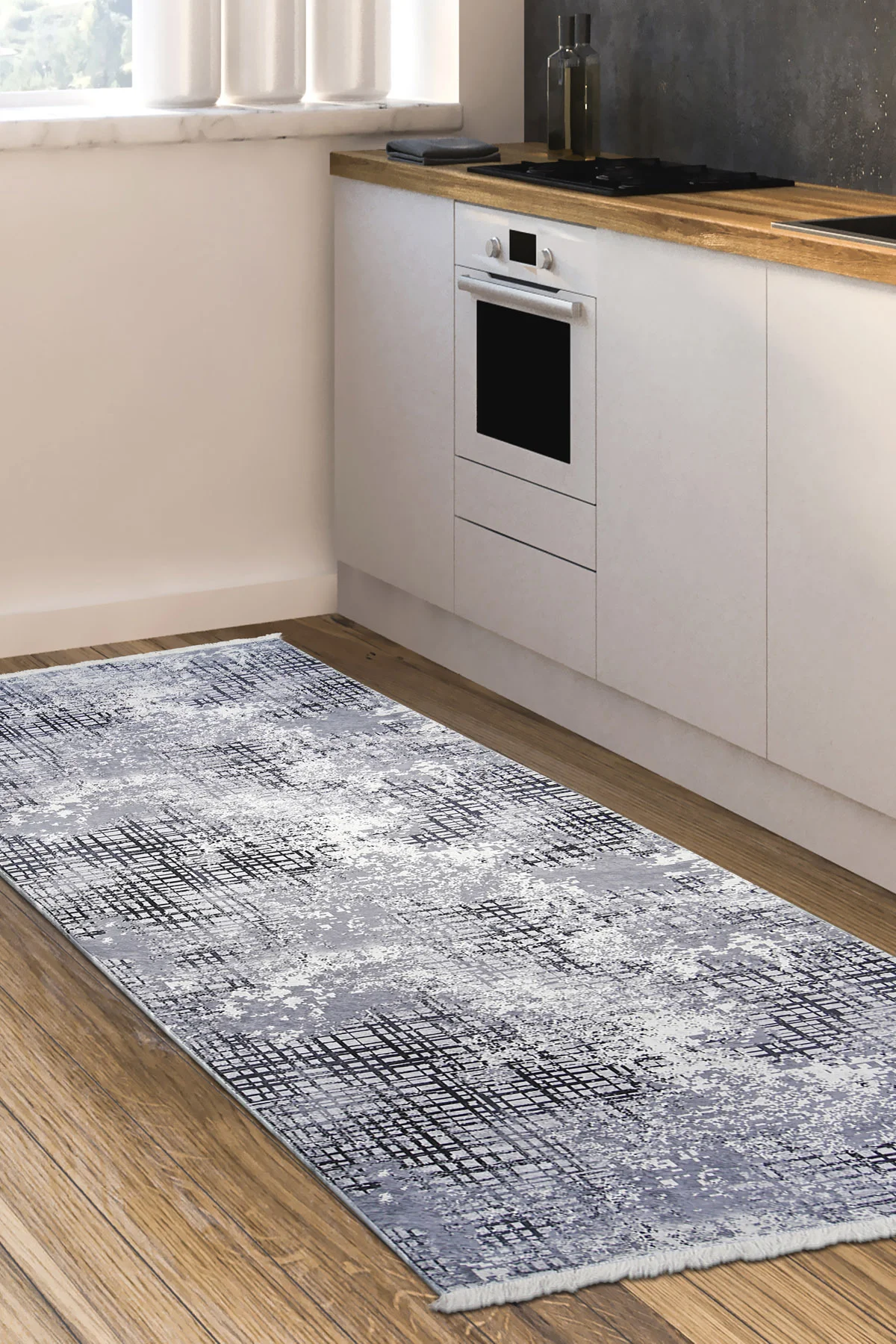 DİJİTAL Saçaklı HALI MODERN TASARIMLI GRİ RENKLİ Silinebilir 80x150
