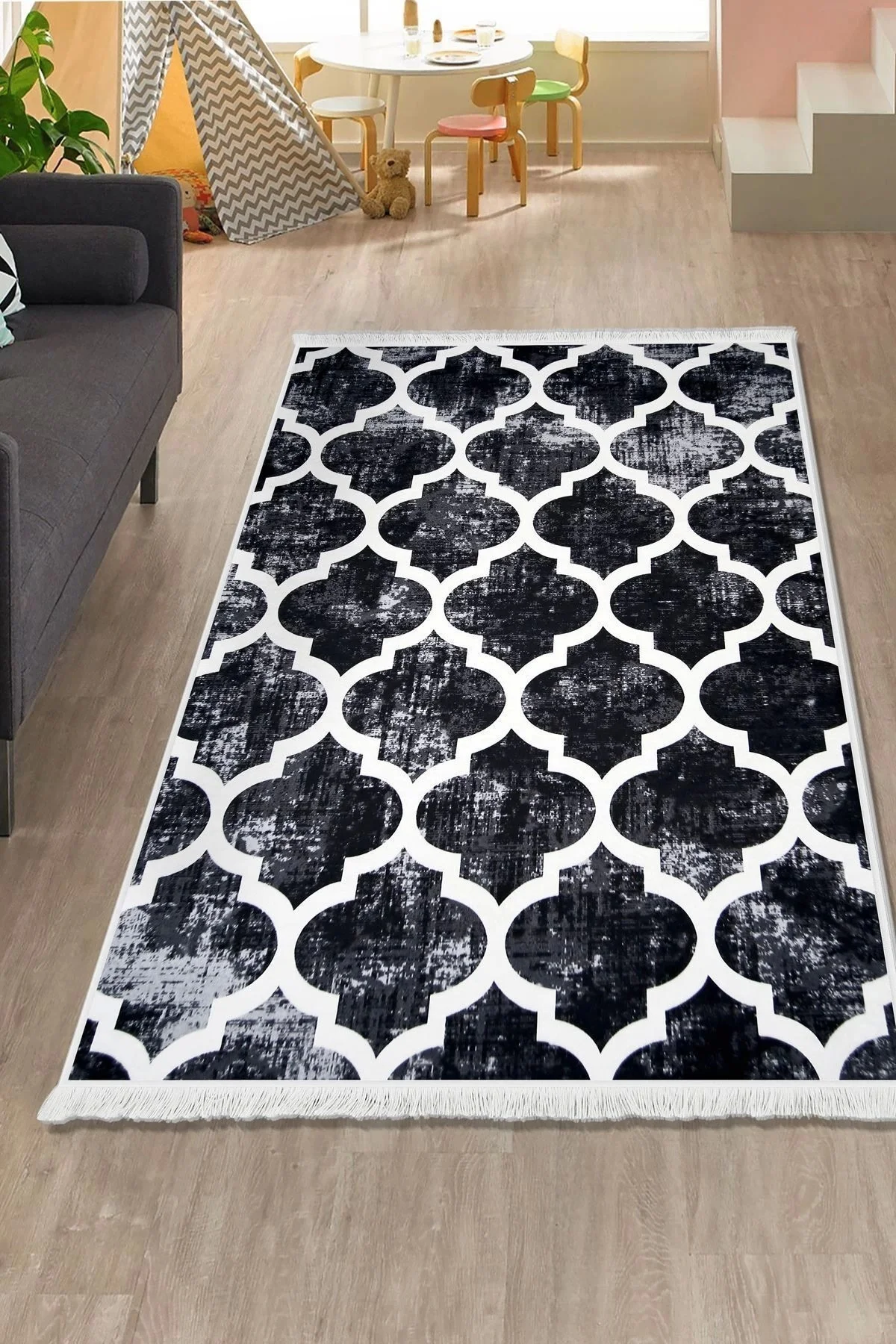 DİJİTAL Saçaklı HALI MODERN TASARIMLI SİYAH RENKLİ Silinebilir 200x250 Fiyatı, Yorumları ve Özellikleri