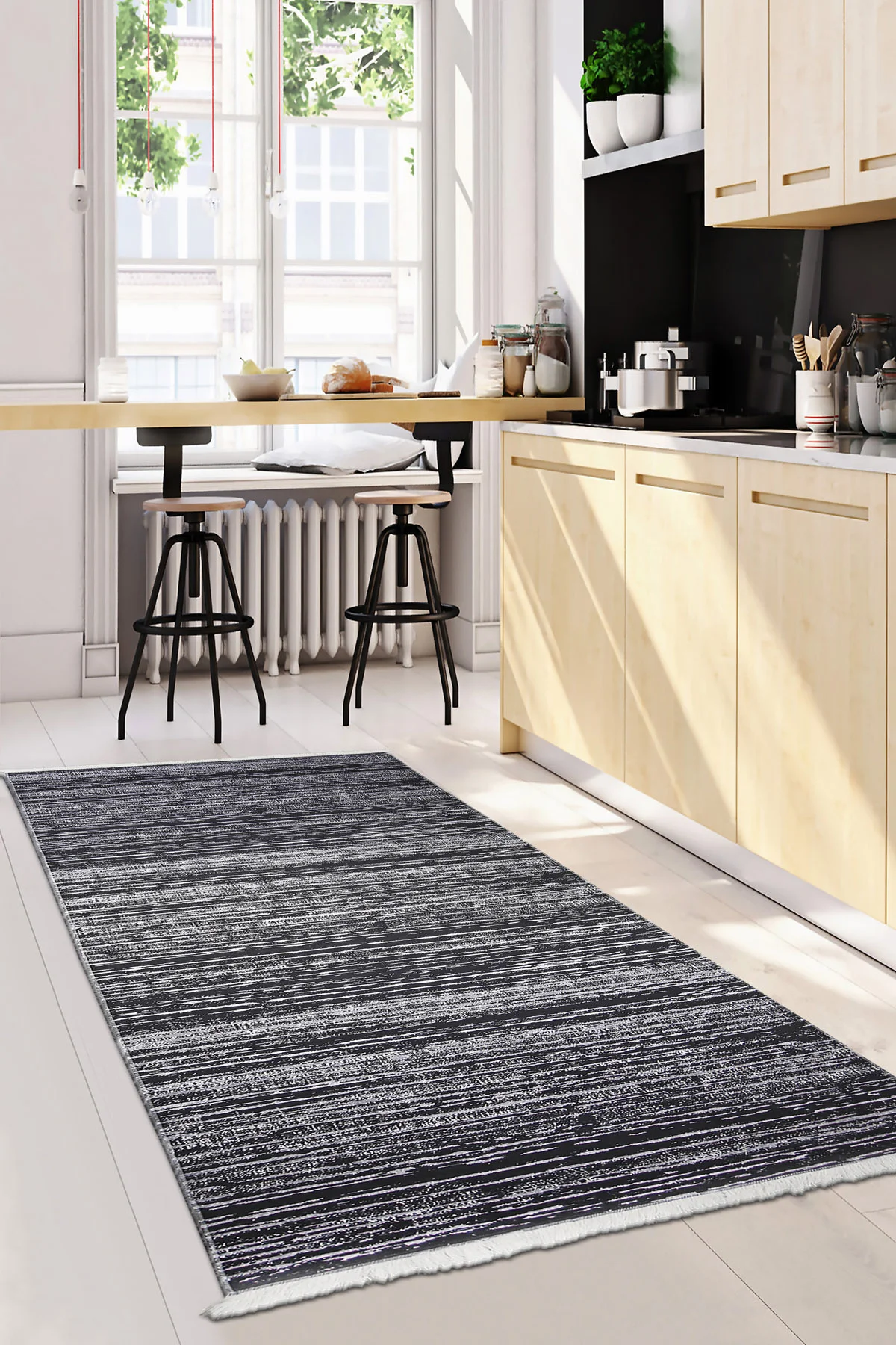 DİJİTAL Saçaklı HALI MODERN TASARIMLI SİYAH RENKLİ Silinebilir 120x250
