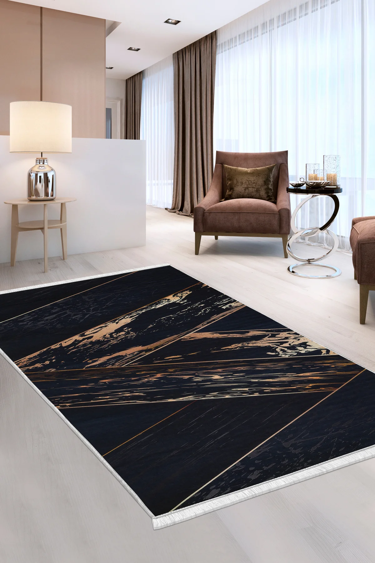 DİJİTAL Saçaklı HALI MODERN TASARIMLI SİYAH RENKLİ Silinebilir 120x180