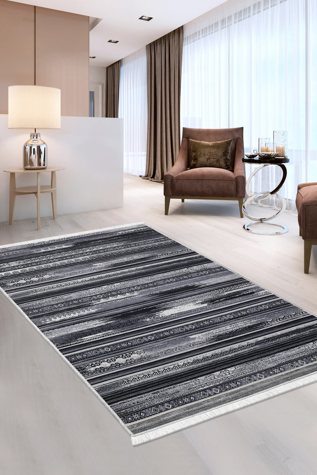 DİJİTAL Saçaklı HALI KÖLN MODEL GRİ RENK Silinebilir 120x200 (3 m2)