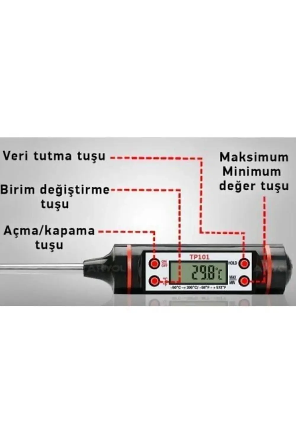 Dijital Termometre Tp101 300°c - Daldırma Tipi Gıda Termometresi