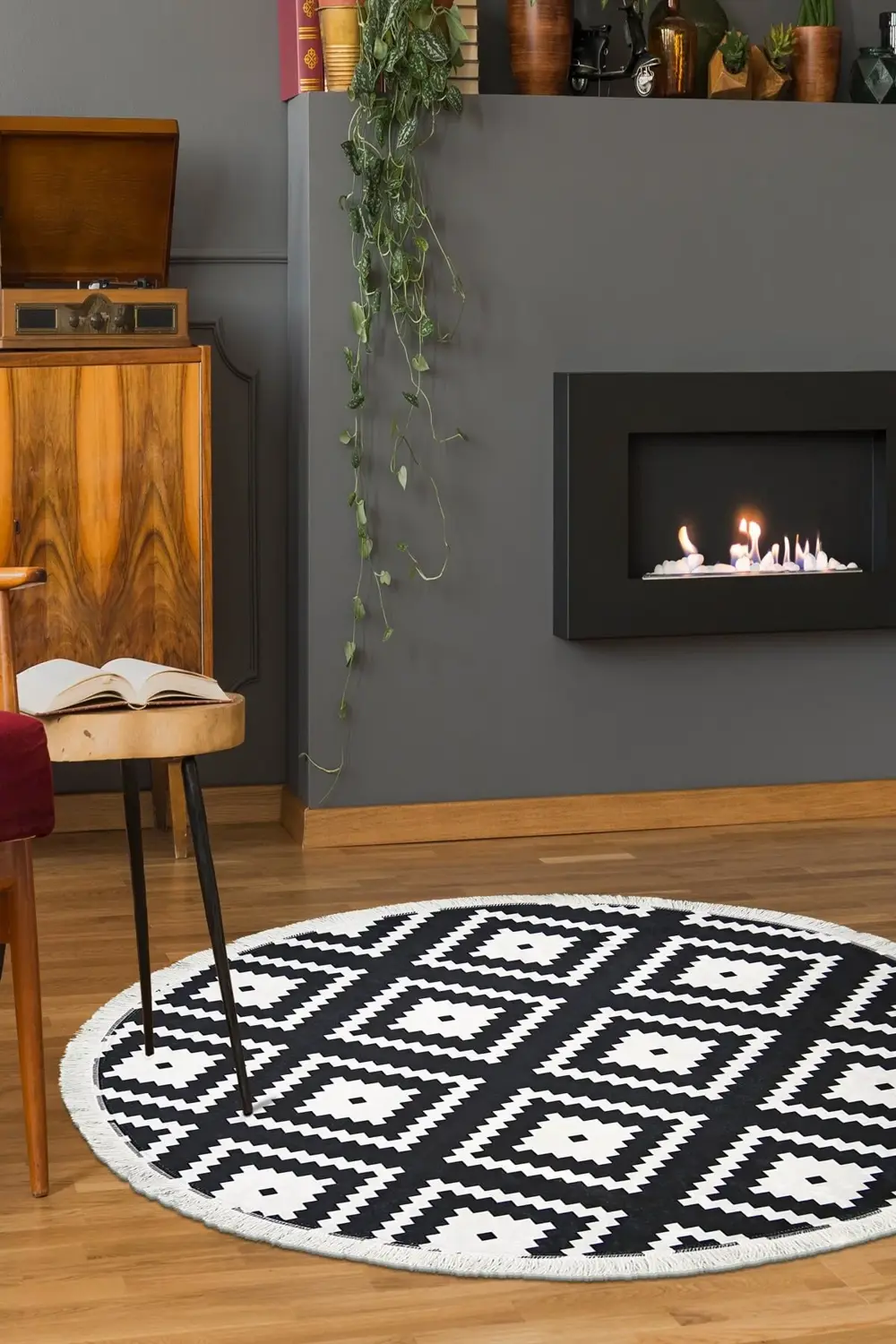 Dijital Yuvarlak Halı Siyah Beyaz Banyo Paspası 80x80