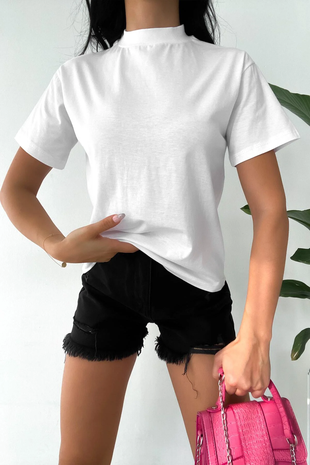 Dik Yaka 2'li Paket Basic Örme T-shirt