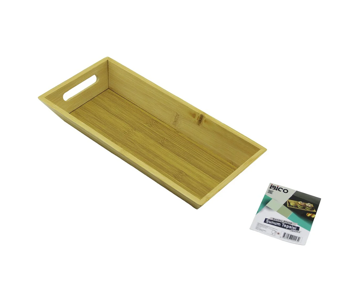Dikdörtgen 16x35cm Derin 4.5cm Ahşap Bambu Sunum Tepsisi Çift Oyma Kulplu 5224