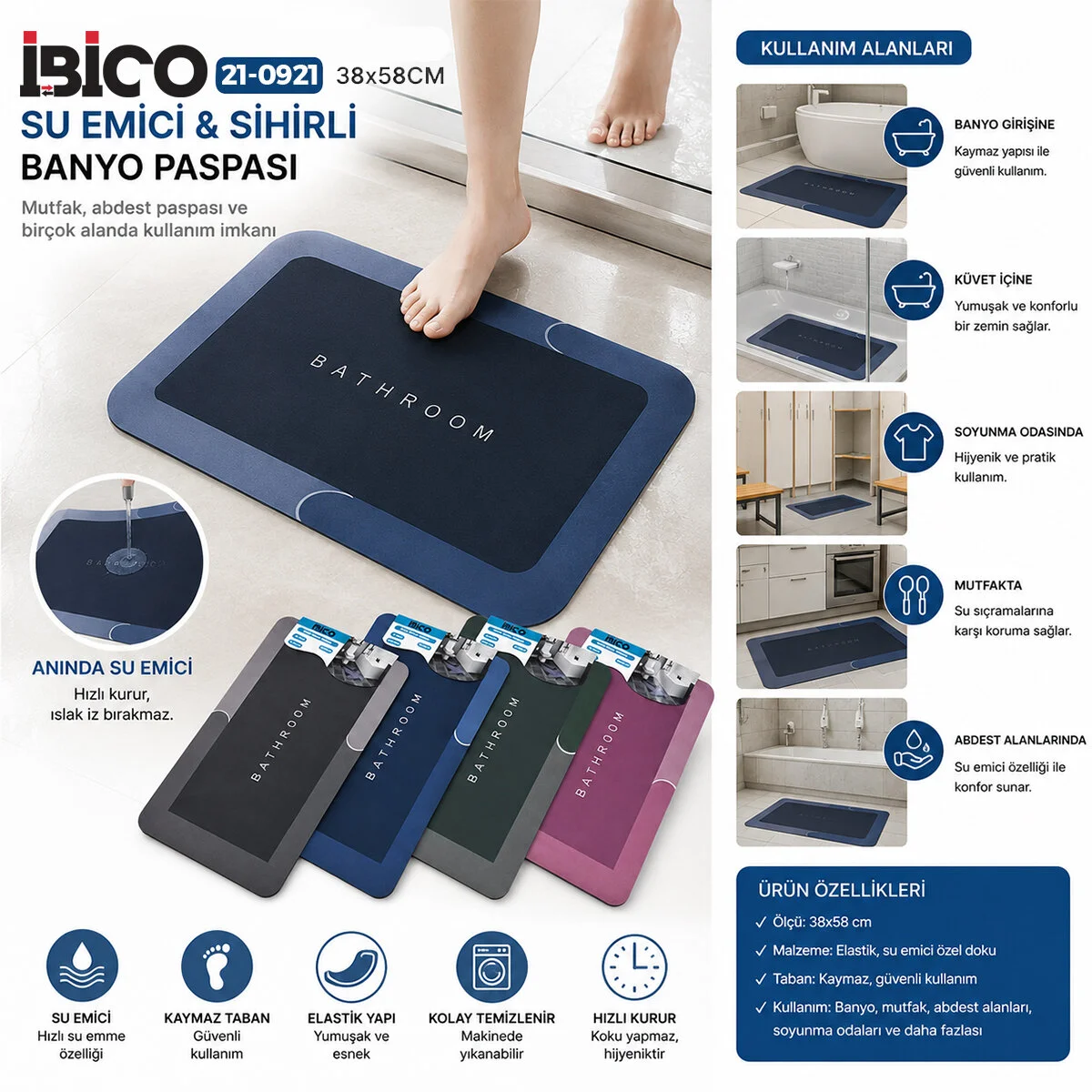 Dikdörtgen 38X58CM Su Emici - Sihirli Banyo Paspası Elastik Dikdörtgen 38X58CM Su Emici - Sihirli Banyo Paspası Elastik