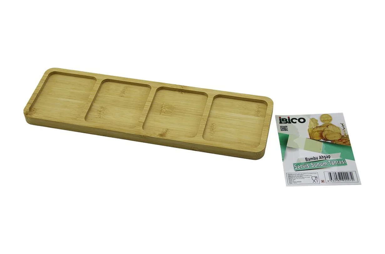 Dikdörtgen 4 Bölmeli Ahşap Bambu Servis Sunum Tepsi - Tahtası Mini Tepsi 33 X 10 X 1.4cm 5224