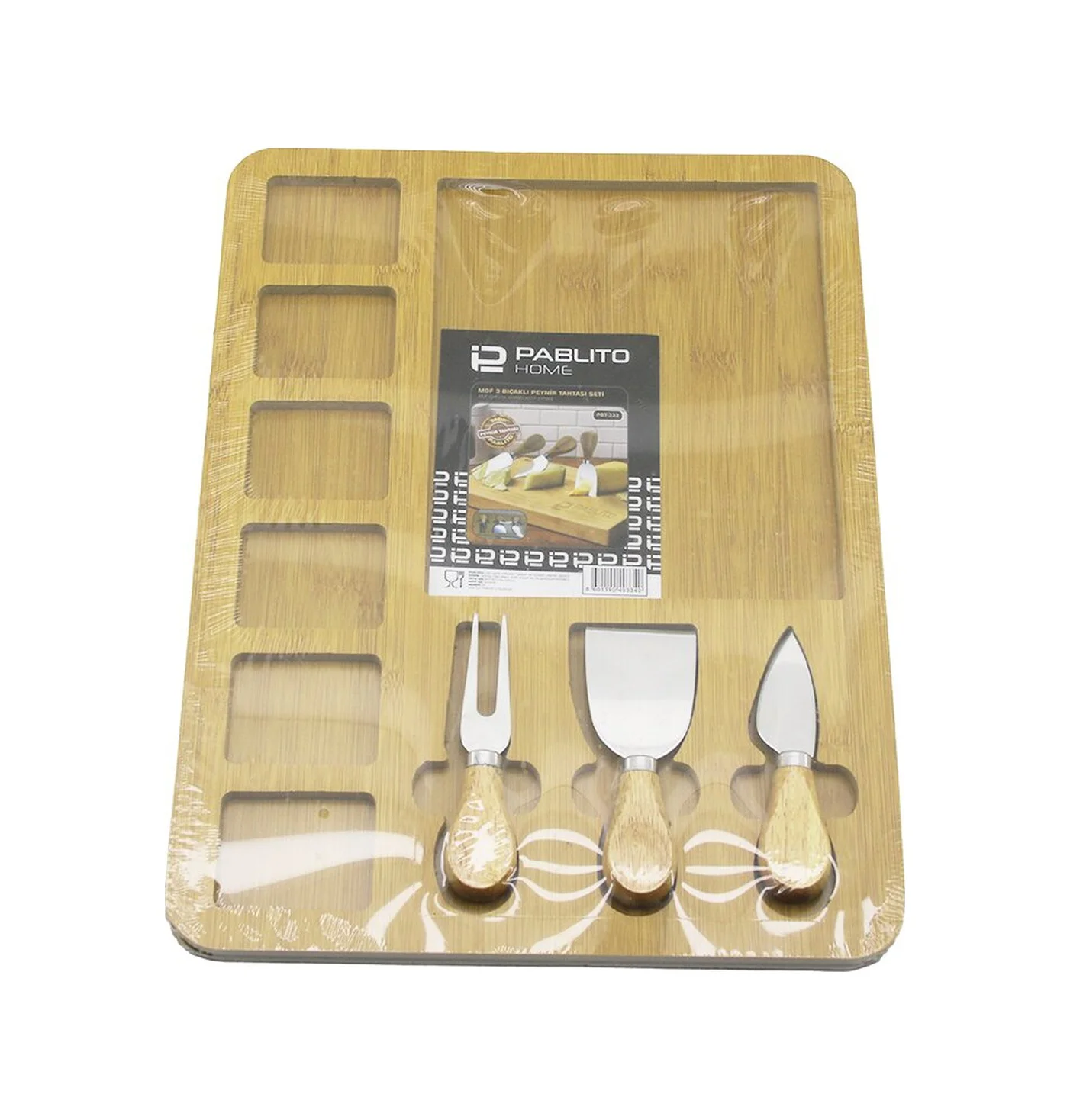 Dikdörtgen 6+1 Bölmeli Mdf Kahvaltı Peynir Sunum Panosu 3 Bıçak Ahşap Sap 30x39.5cm 5224
