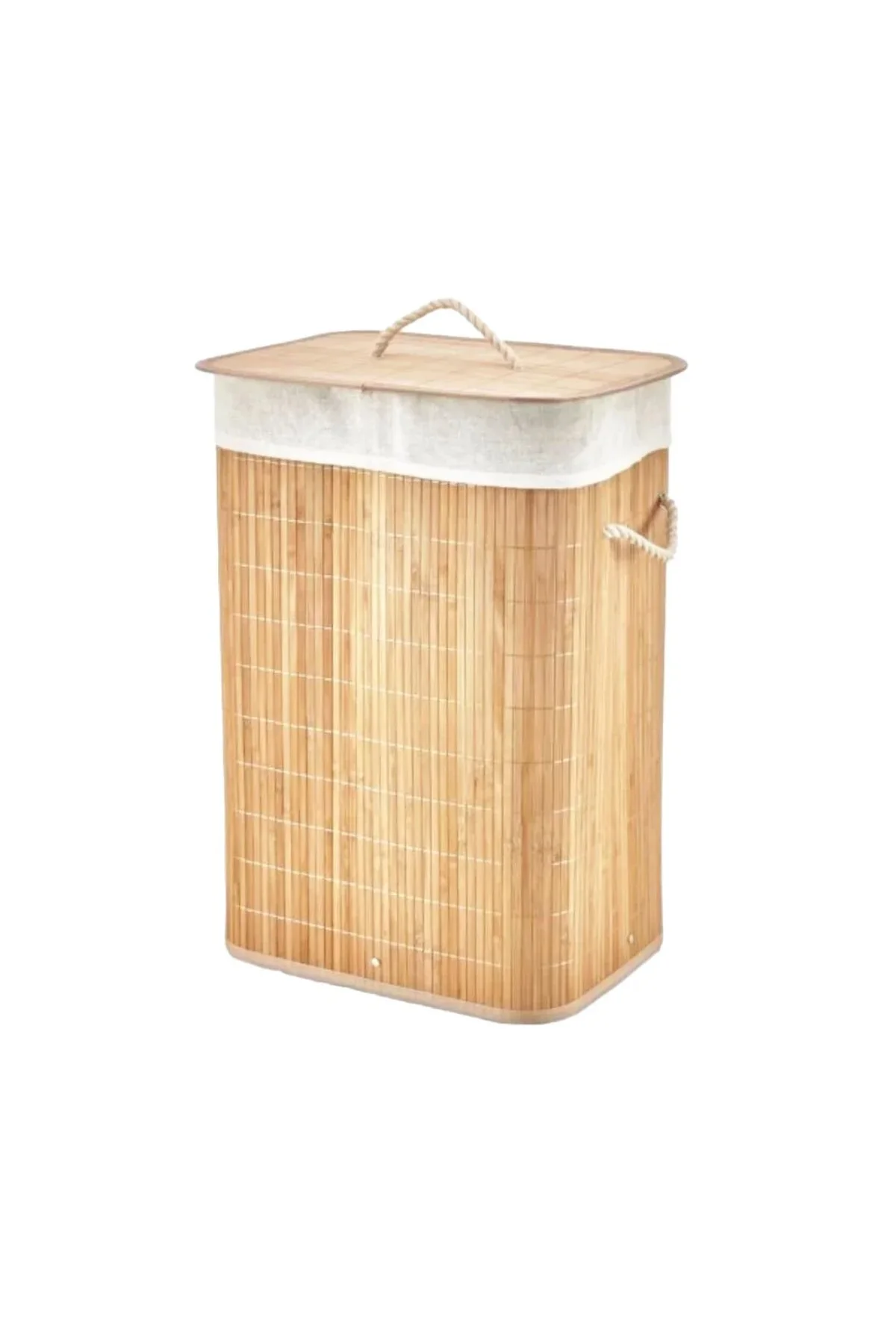 Dikdörtgen Bambu Ahşap Kirli Çamaşır Sepeti 40X30X60CM Seyyar Kapaklı İçi Bezli İp Kulplu