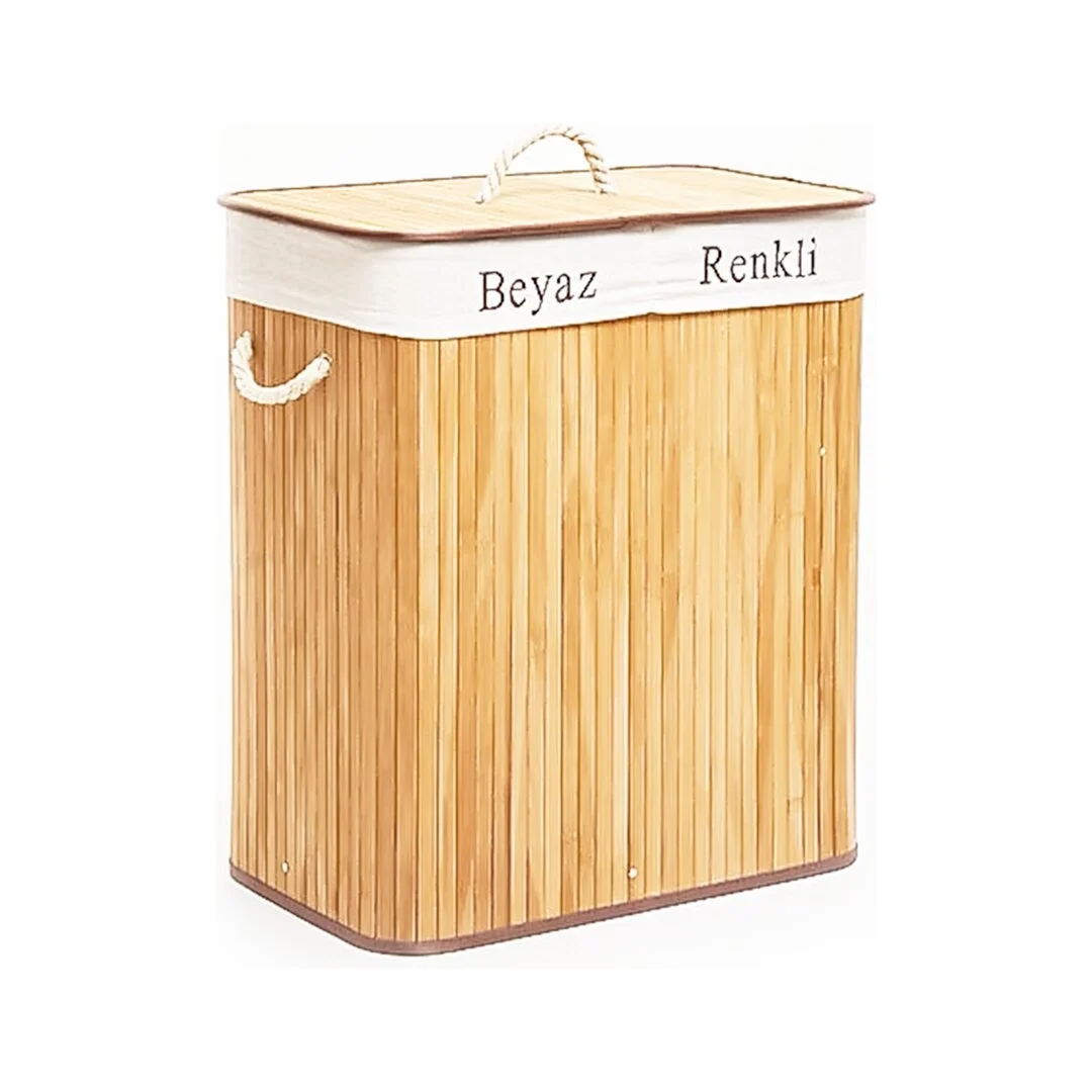 Dikdörtgen İki Bölmeli İç Bez Bambu Ahşap Kirli Çamaşır Sepeti İp Kulp 52x32x62cm Bx40 Fiyatı, Yorumları ve Özellikleri