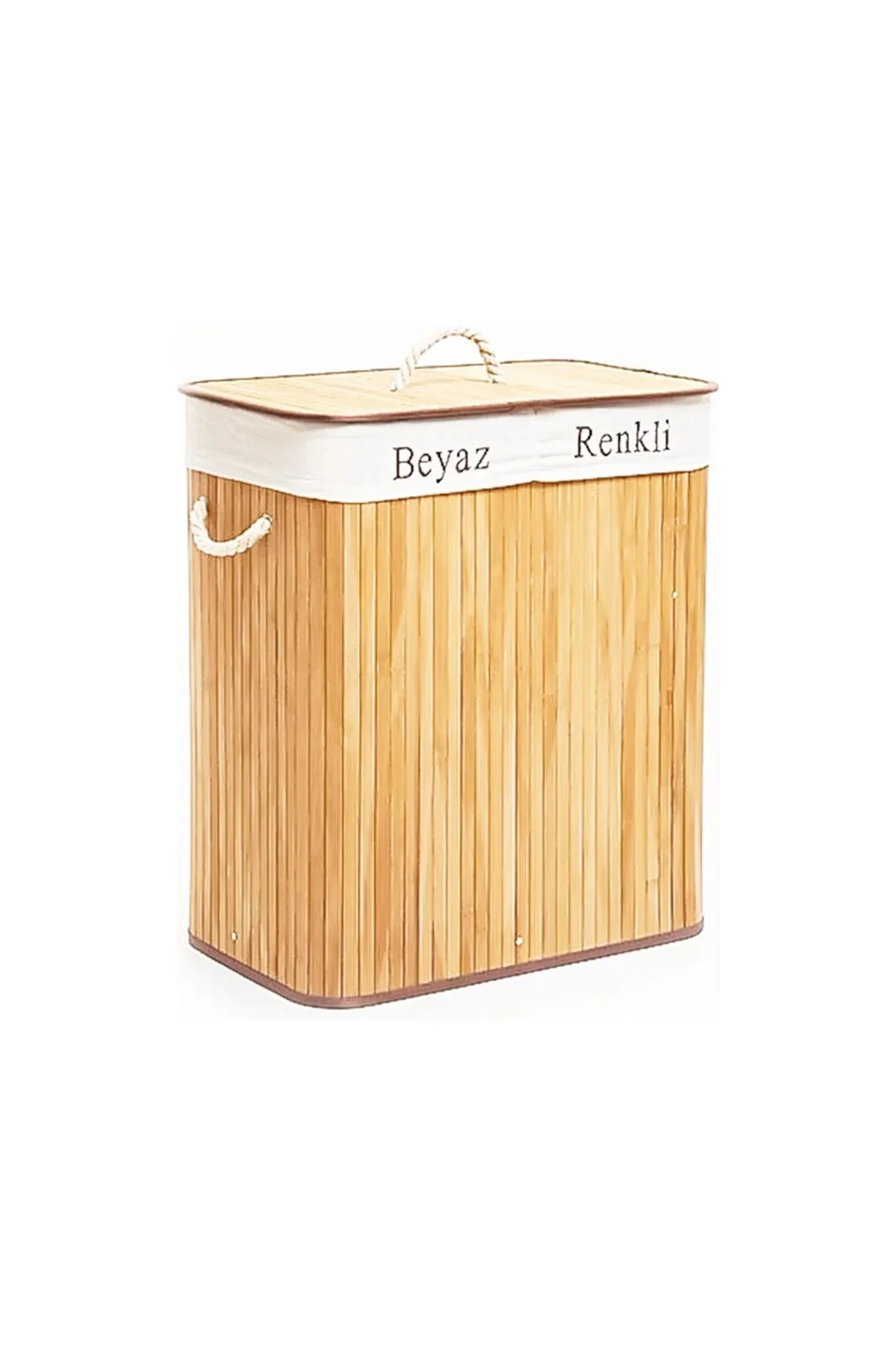 Dikdörtgen İki Bölmeli İç Bez Bambu Ahşap Kirli Çamaşır Sepeti İp Kulp 52X32X62CM