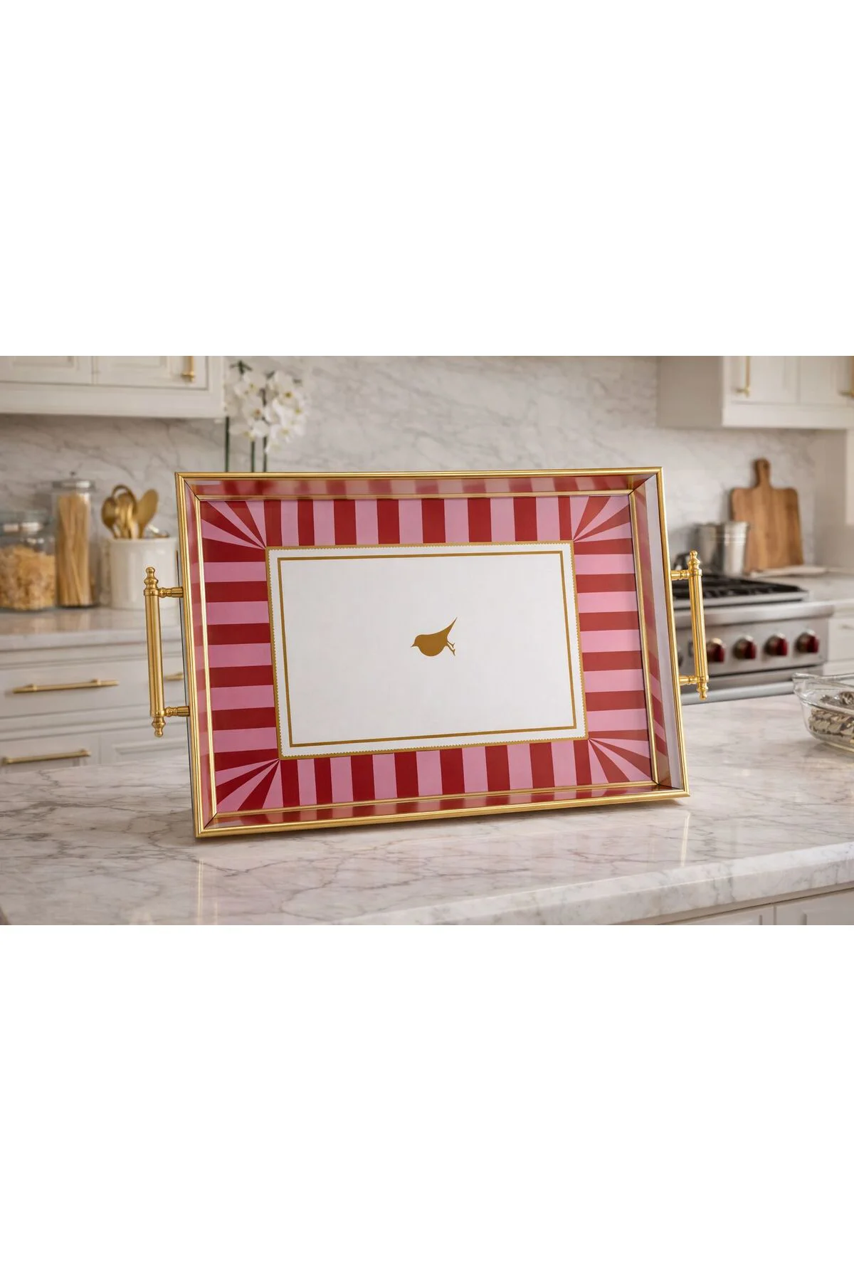 Dikdörtgen Lüx Kulplu Ahşap Tepsi Kuşlu Pembe Beyaz 43x30 cm