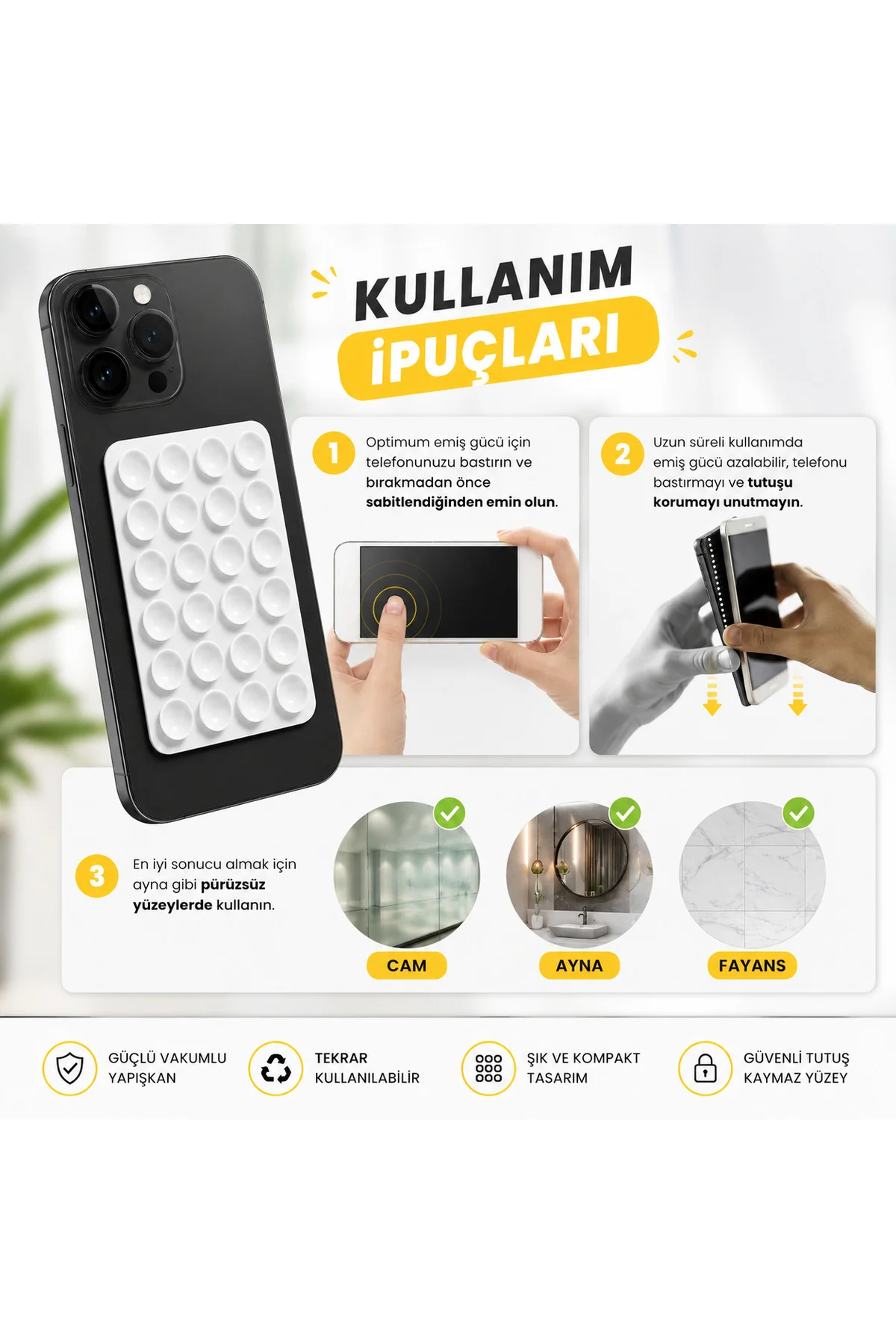 Dikdörtgen Vantuzlu Yapışkan Telefon Tutucu Taşınabilir Silikon Y