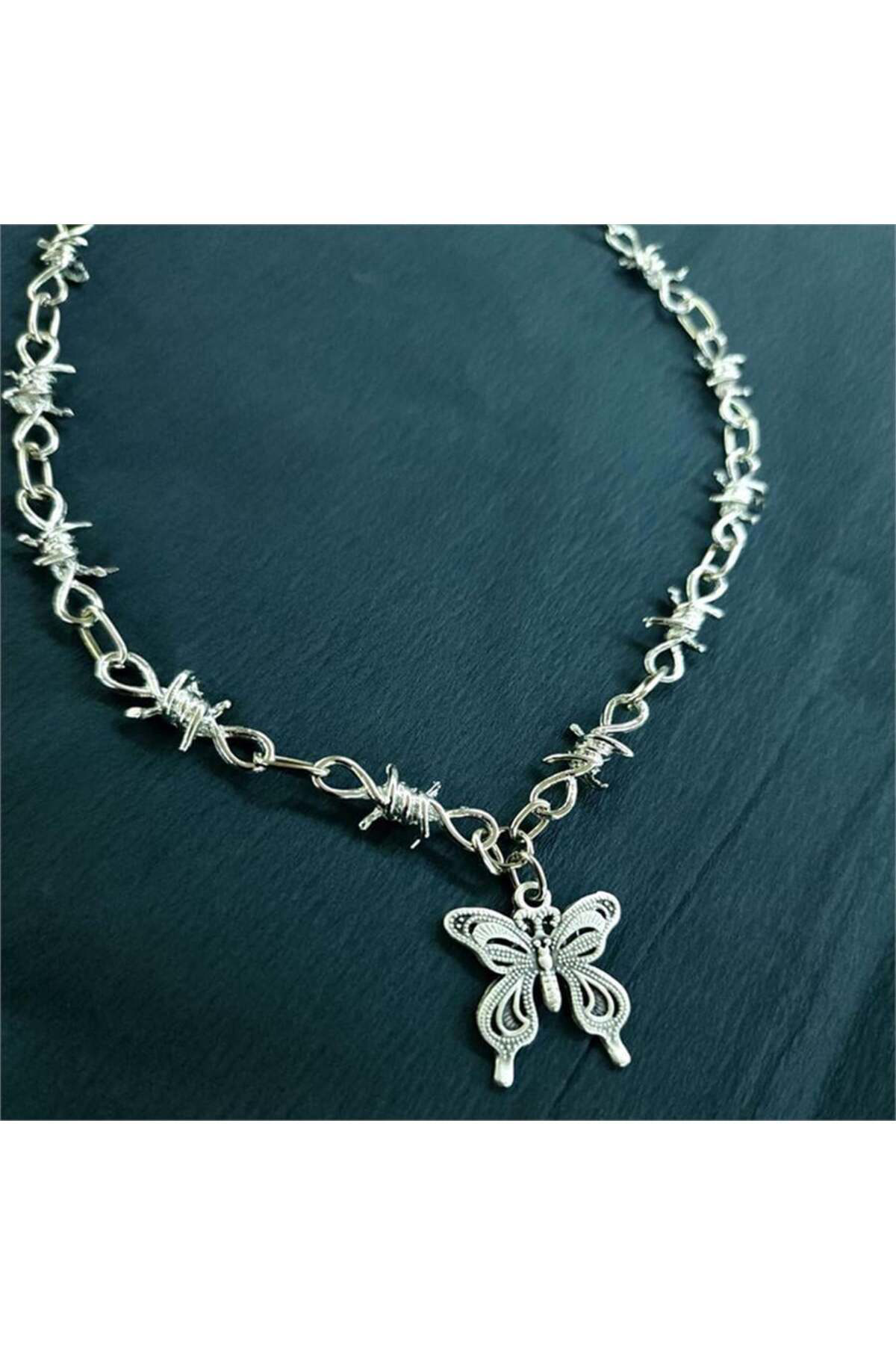 Dikenli Kelebek Silver Zincirli Kolye