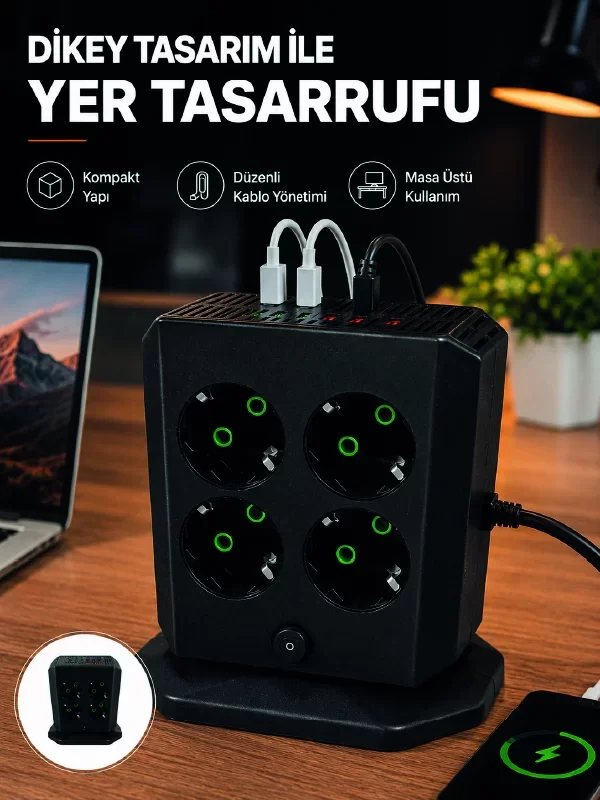 Dikey Priz Kulesi 8 AC Priz 4 USB 2 Type-C Çocuk Korumalı Güç Dağ