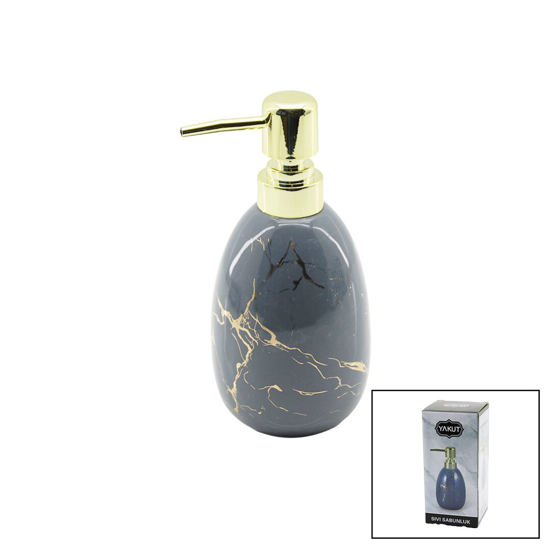DİKEY TOMBUL GRİ MERMER DESEN SERAMİK SIVI SABUNLUK GOLD KAPAK (4