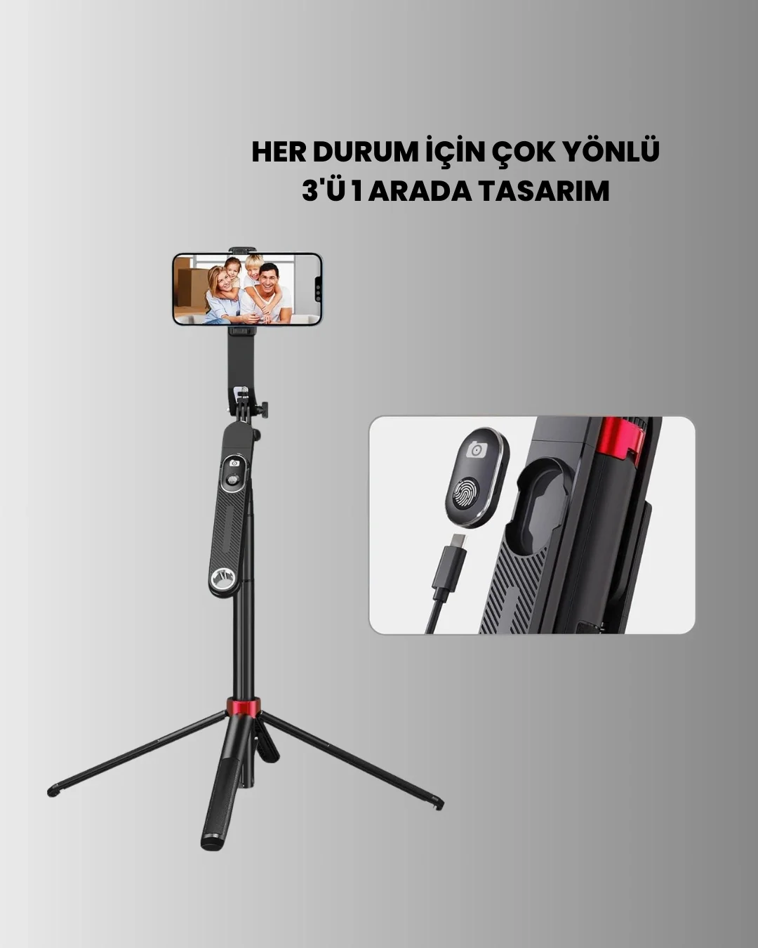 Dikey ve Yatay Çekim Destekli Selfie Stick Tripod