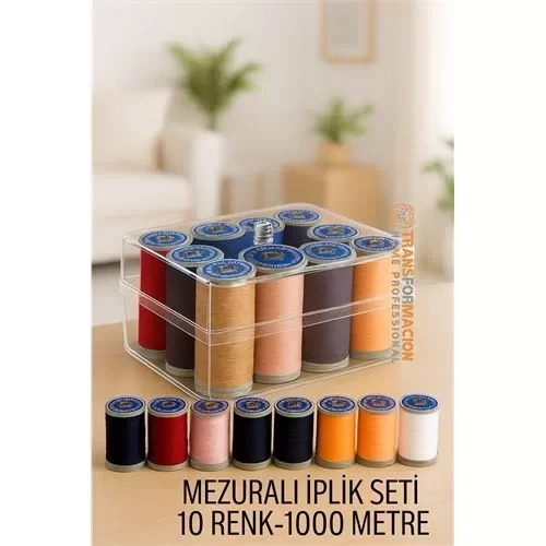 Dikiş İpliği Seti - 10 Renk 1000 Mt Kutulu Mezuralı Dikiş Seti ( 