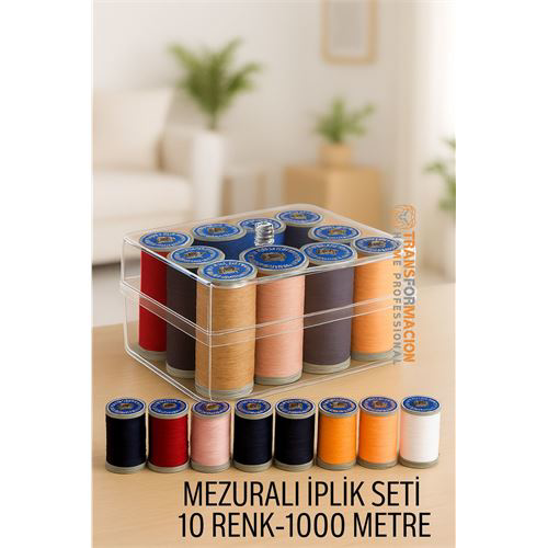 Dikiş İpliği Seti - 10 Renk 1000 Mt Kutulu Mezuralı Dikiş Seti Dikiş İpliği Seti - 10 Renk 1000 Mt Kutulu Mezuralı Dikiş Seti