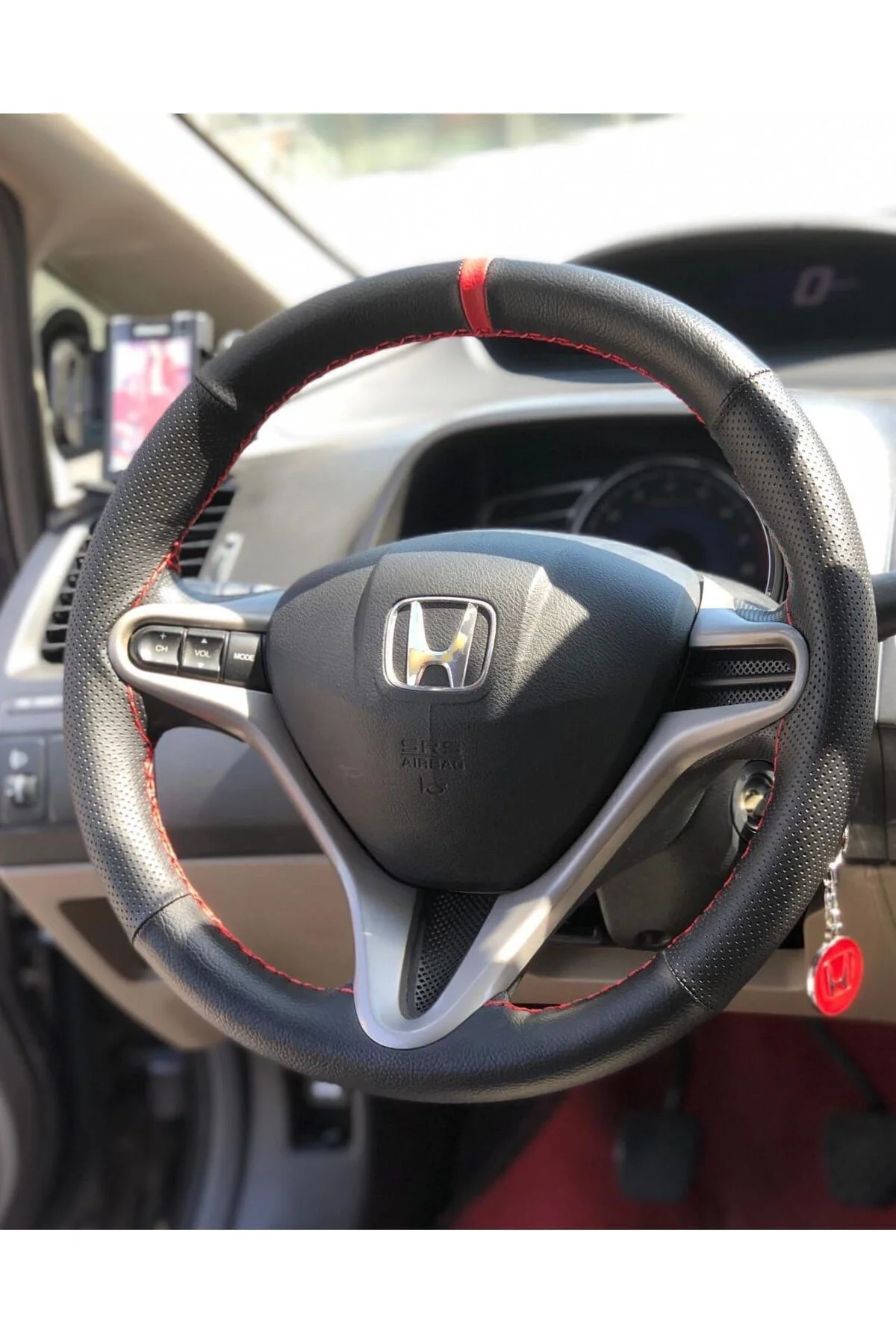 Dikişli Deri Direksiyon Kılıfı Nokta/damar Kırmızı Yüzük Kırmızı Dikiş Honda Civic