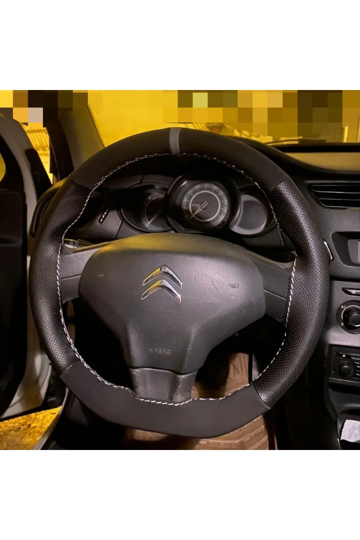Dikişli Deri Direksiyon Kılıfı Noktalı, Nubuk, Gri Yüzük Gri Dikiş Citroen Elysee İçin