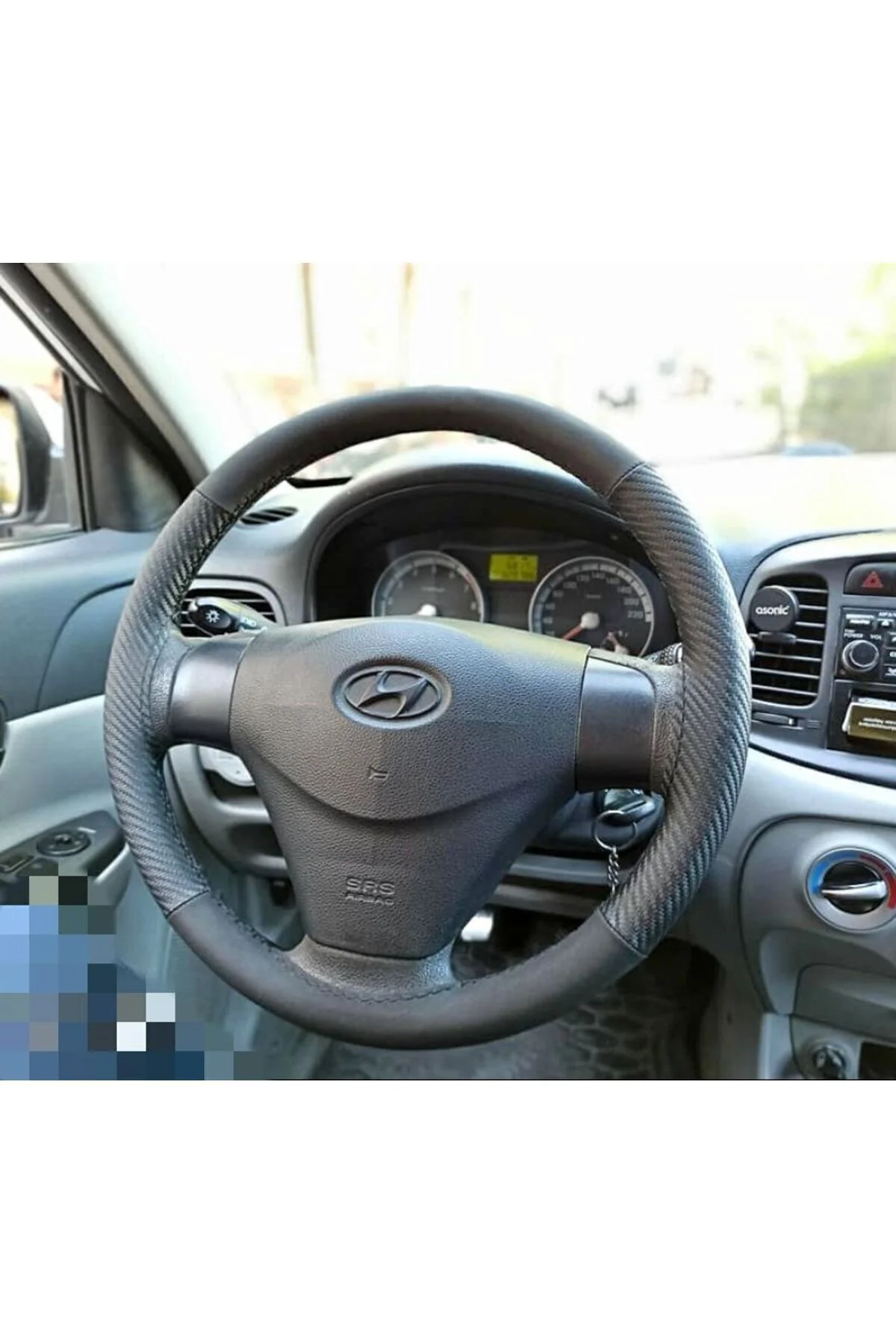 Dikişli Deri Direksiyon Kılıfı Karbon Nubuk Siyah Dikişli Hyundai Era