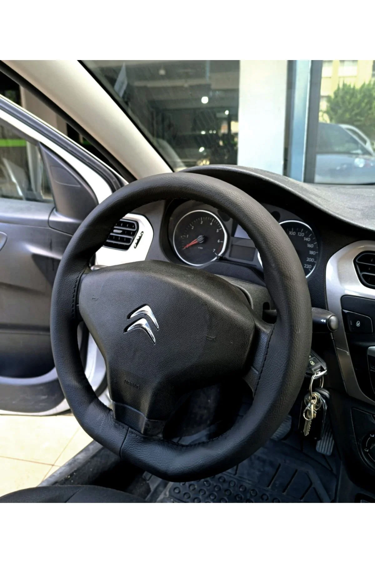 Dikişli Deri Direksiyon Kılıfı Damarlı Siyah Deri Siyah Dikişli Citroen Elysee İçin