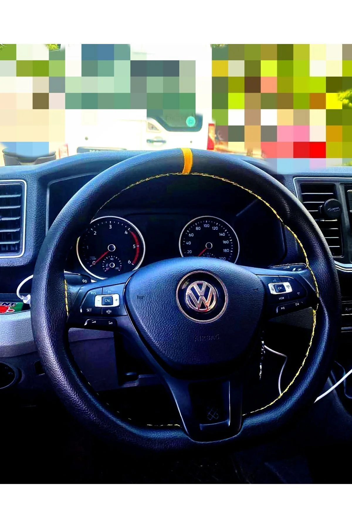 Dikişli Deri Direksiyon Kılıfı Siyah Deri Sarı Yüzüklü Sarı Dikişli Volkswagen İçin