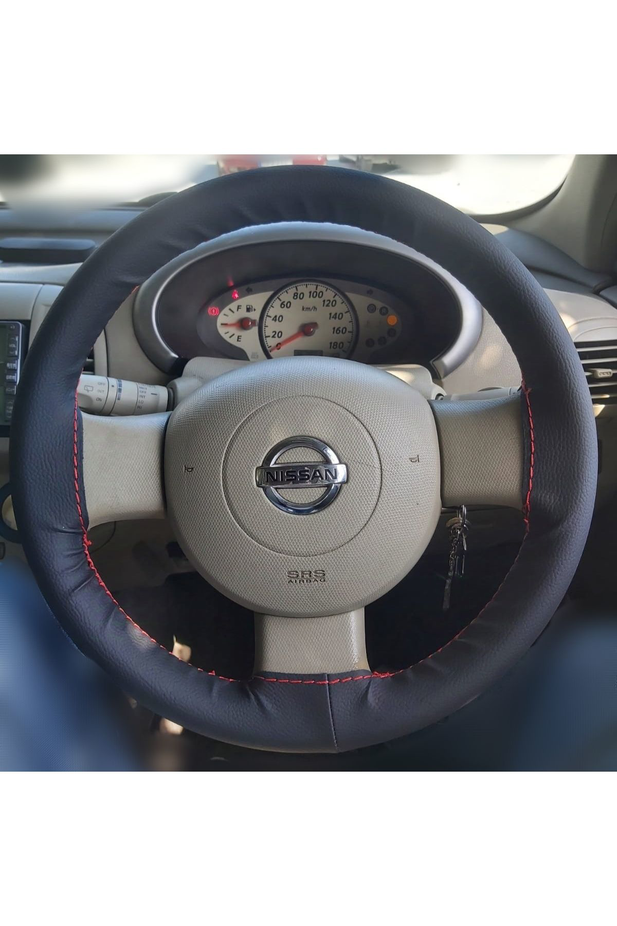 Hasbay Dikişli Direksiyon Kilifi Siyah Deri Kirmizi Dikişli Nissan Micra