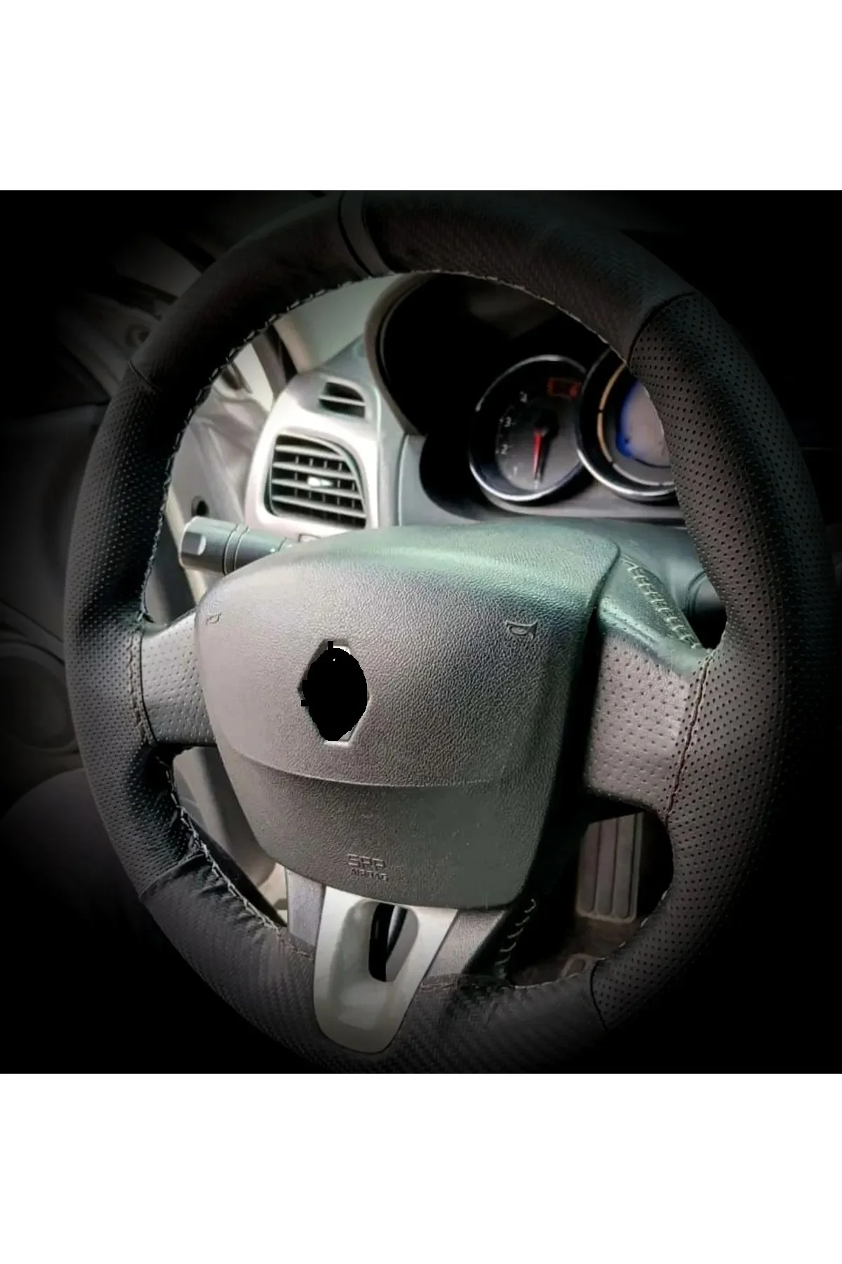 DİKİŞLİ DİREKSİYON KILIFI KARBON / NOKTALI DERİ GRİ YÜZÜK GRİ DİKİŞ RENAULT FLUENCE İÇİN