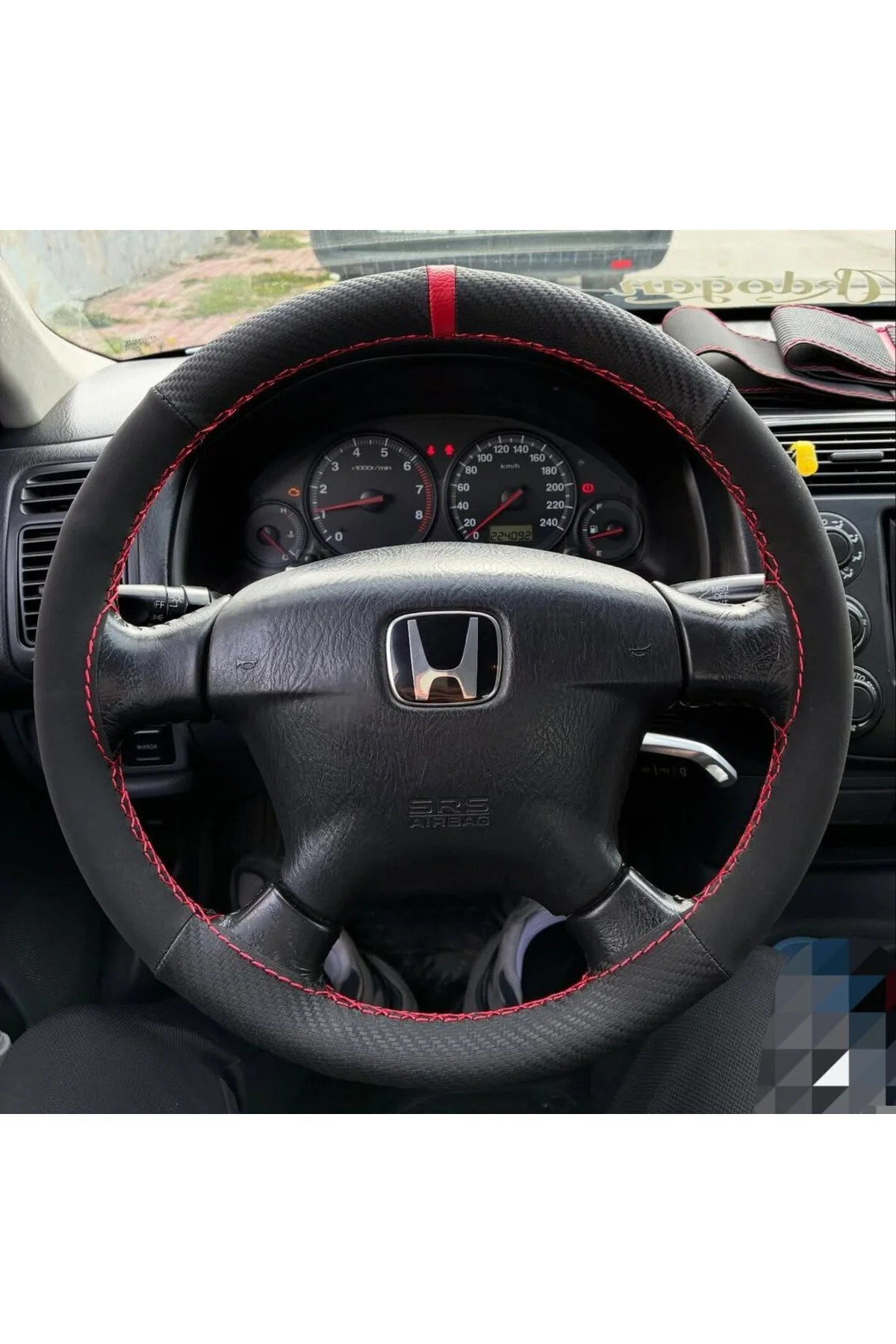 DİKİŞLİ DİREKSİYON KILIFI KARBON NUBUK KIRMIZI YÜZÜK KIRMIZI DİKİŞLİ HONDA CİVİC