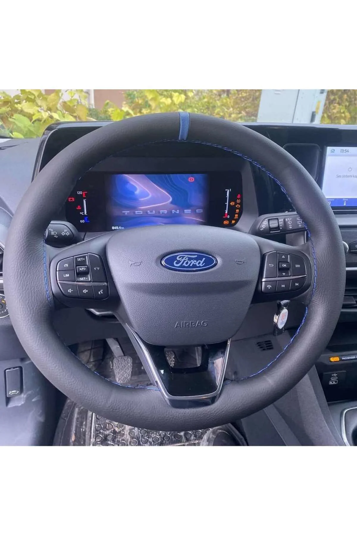 DİKİŞLİ DİREKSİYON KILIFI SİYAH DERİ MAVİ YÜZÜKLÜ FOCUS
