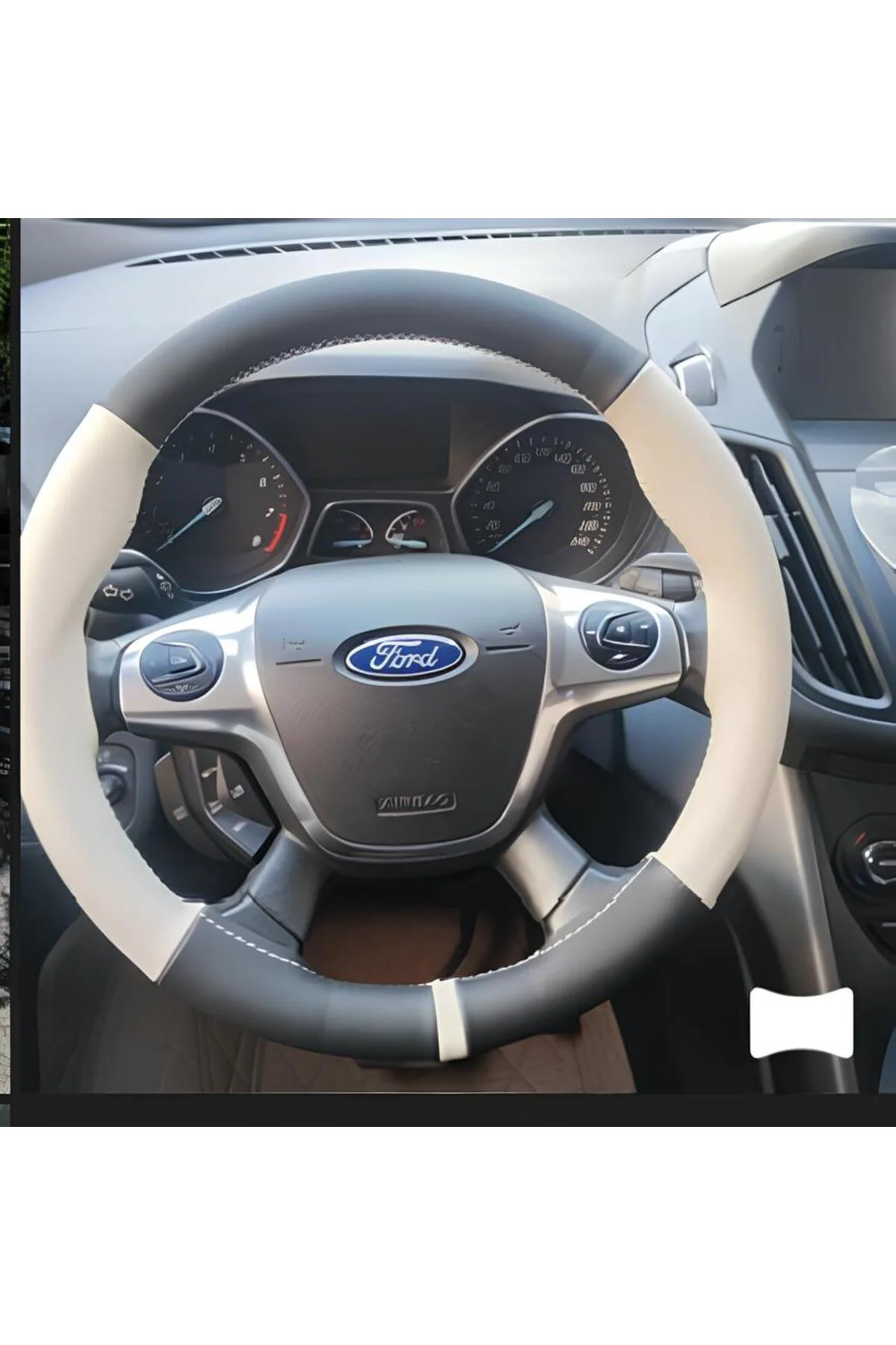 Dikişli Direksiyon Kılıfı Siyah Bej Deri Bej Yüzük / Dikişli Ford 2012-13-14 Için