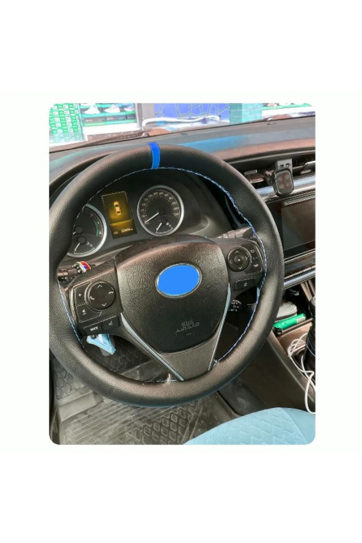 DİKİŞLİ DİREKSİYON KILIFI SİYAH DERİ MAVİ YÜZÜK/DİKİŞLİ TOYOTA COROLLA İÇİN