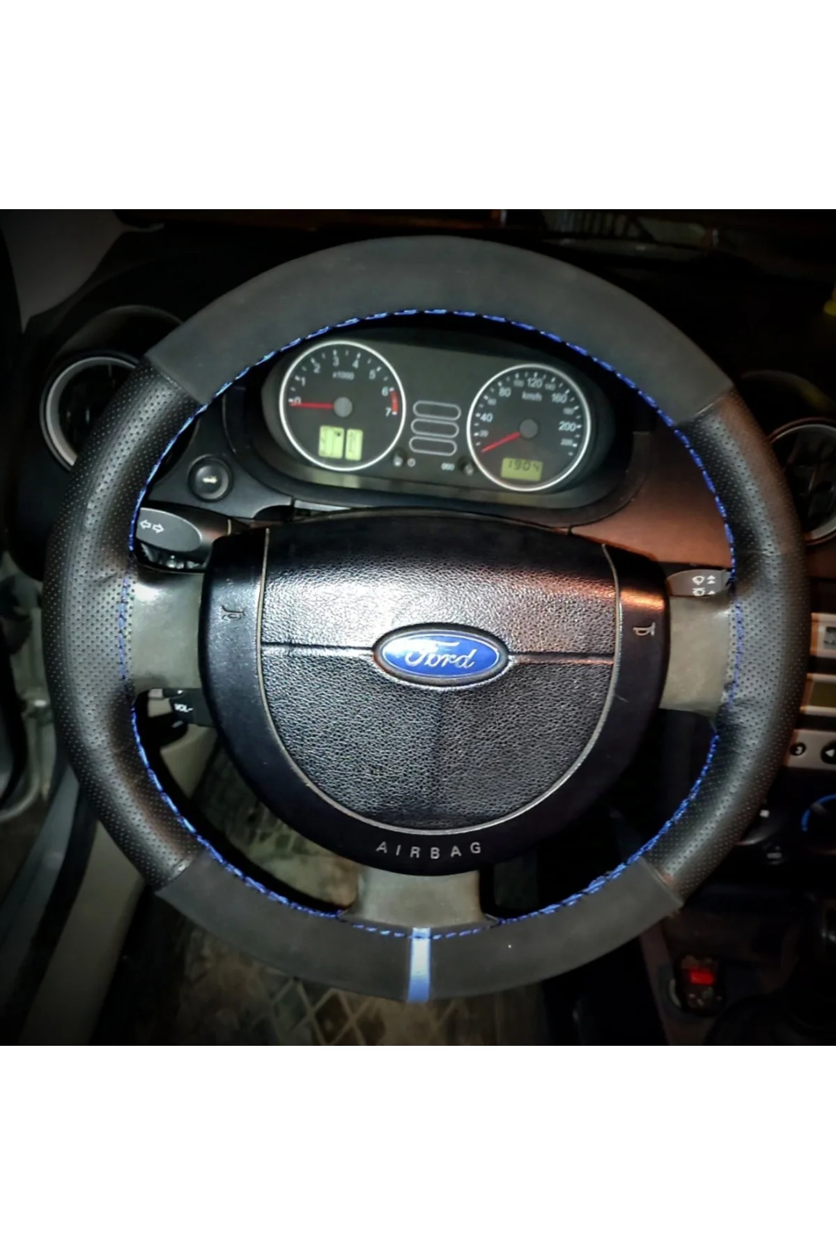 DİKİŞLİ DİREKSİYON KILIFI NUBUK DERİ NOKTALI DERİ MAVİ YÜZÜK / DİKİŞ FORD CONNECT İÇİN