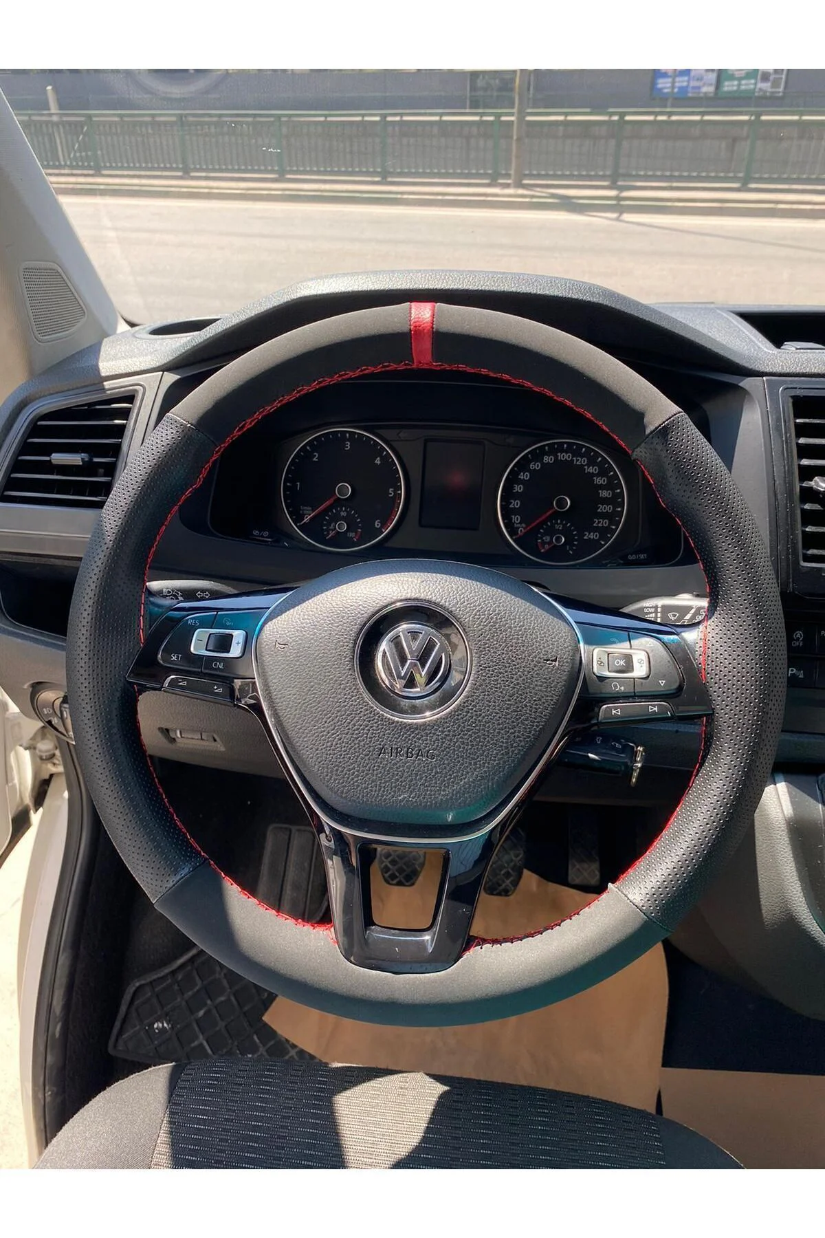 Dikişli Direksiyon Kılıfı Noktalı/nubuk Kırmızı Yüzük Kırmızı Dikiş Vw Passat İçin