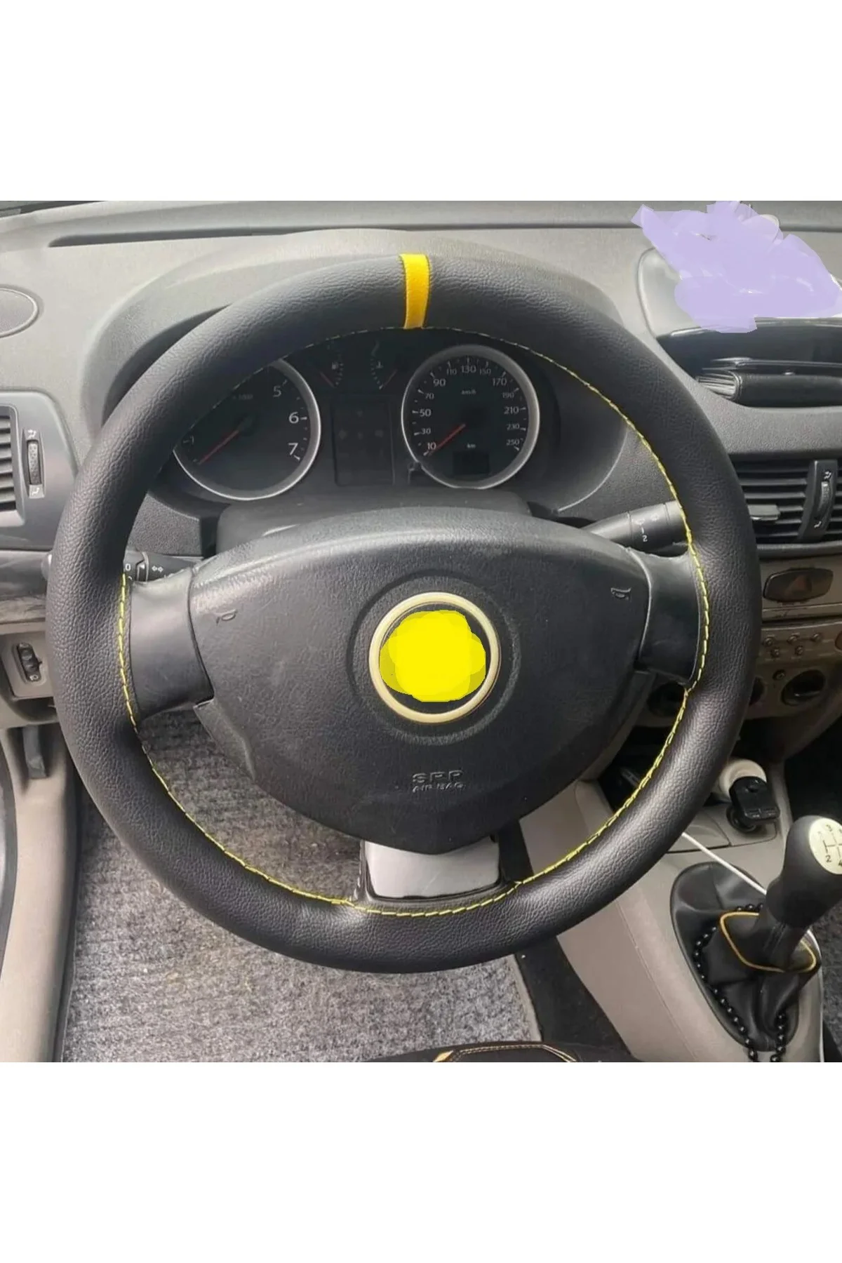 Dikişli Direksiyon Kılıfı Damarlı Siyah Deri Sarı Yüzük / dikişli Renault Clio