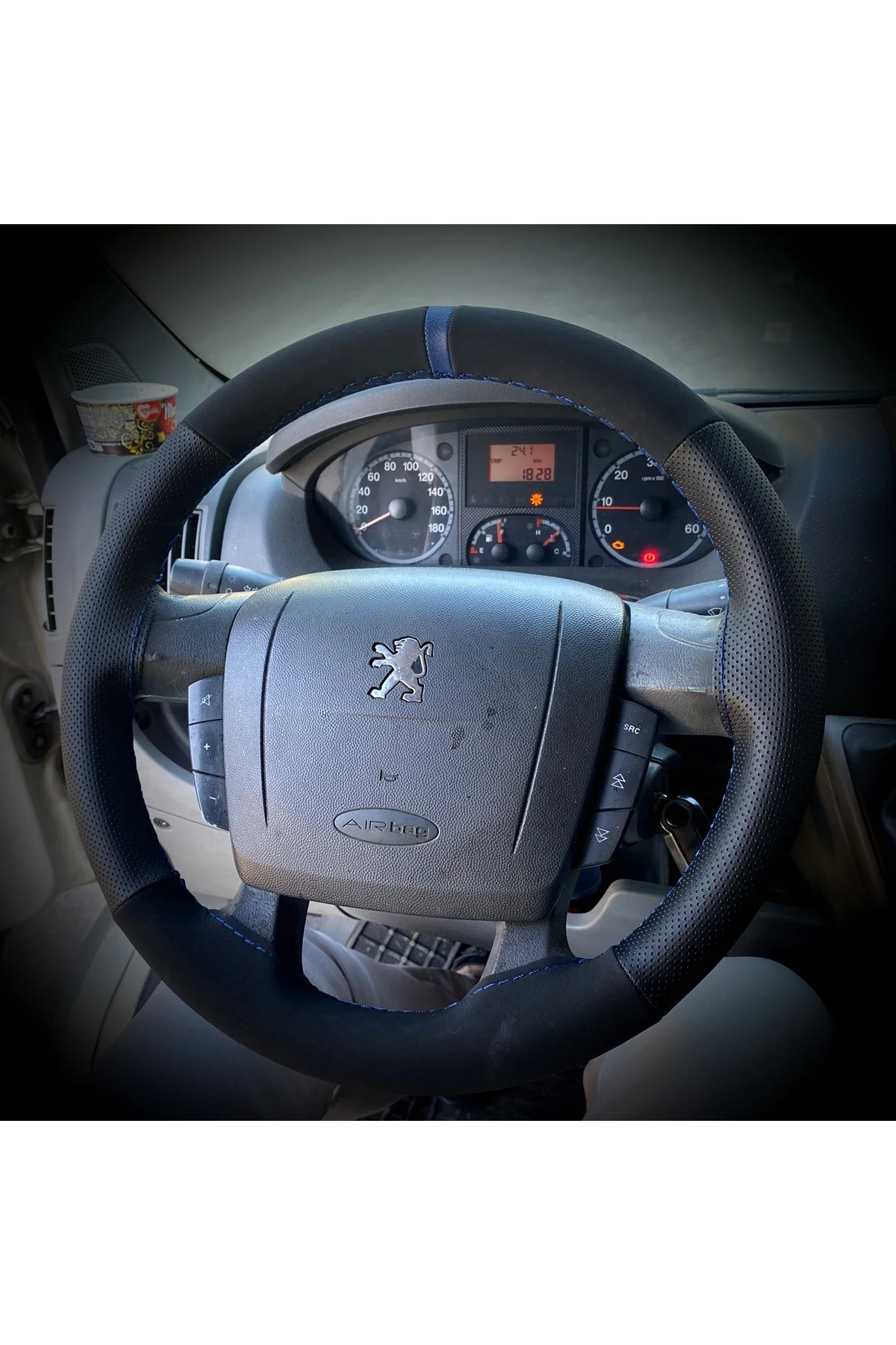 DİKİŞLİ DİREKSİYON KILIFI NUBUK NOKTALI DERİ MAVİ YÜZÜK MAVİ DİKİŞLİ PEUGEOT BOXER İÇİN