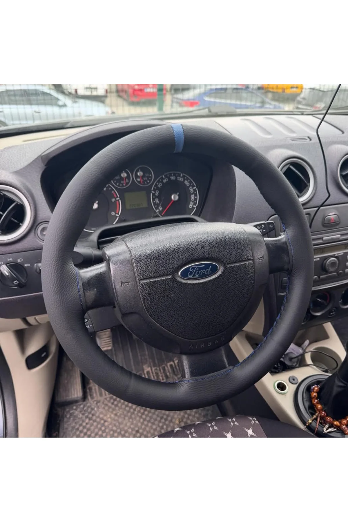 DİKİŞLİ DİREKSİYON KILIFI SİYAH MAVİ YÜZÜK MAVİ DİKİŞLİ F.ORT CONNECT FİESTA İÇİN